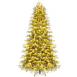 Gymax - 8 FT Pre-Lit Artificial Christmas Tree Hinged Full Xmas Tree w/ 1470 PVC & Soft TPE Branch Tips - Green