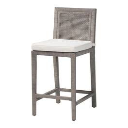 bali & pari - Sofia Rattan Counter Stool with Mahogany Wood Frame - Handwoven Wicker Counter Height Chair with Cushion - French Grey