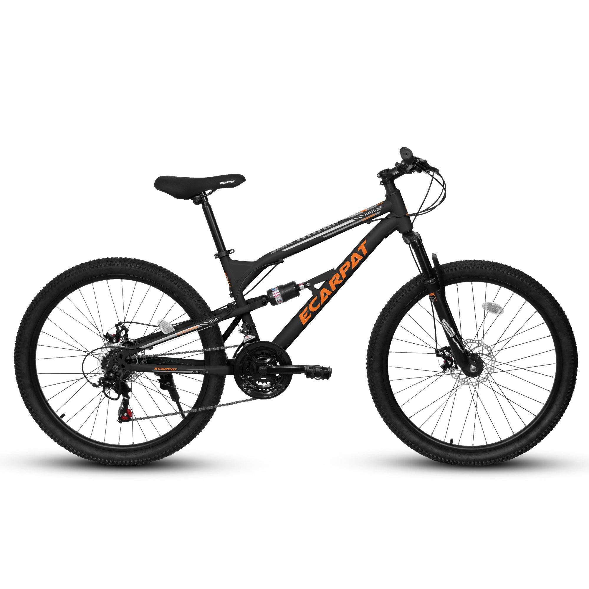 Angle. BreeBe - 26 Inch Steel Frame Shock Fork Plus Shock Absorber 21-speed Unisex Mountain Bike - Black + Orange.