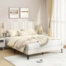 Costway - Queen Size Velvet Bed Frame with Height Adjustable Vertical Channel Headboard - Beige