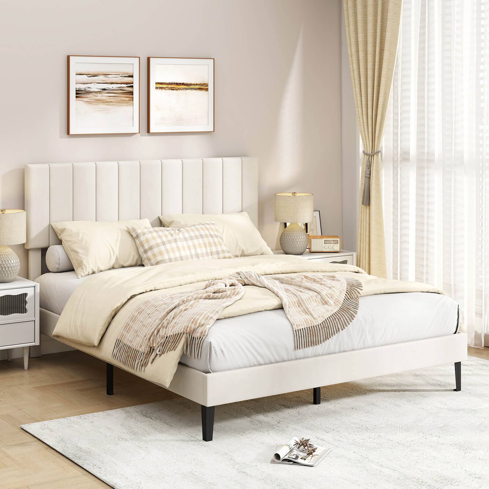 Alt View 1. Costway - Costway Queen Size Velvet Bed Frame with Height Adjustable Vertical Channel Headboard - Beige.