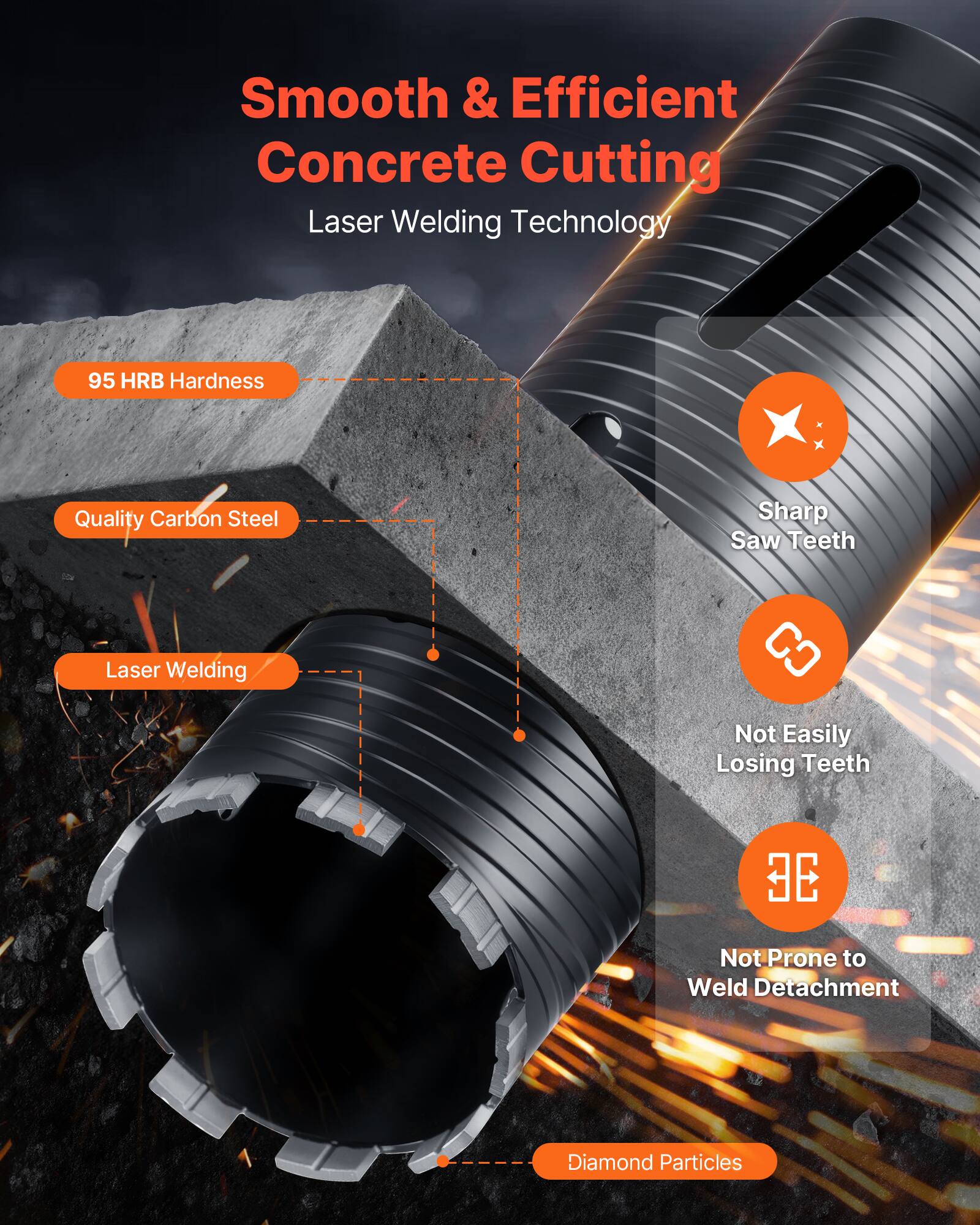 Smooth & Efficient Concrete Cutting  
Laser Welding Technology  

- 95 HRB Hardness  
- Quality Carbon Steel  
- Laser Welding  
- Sharp Saw Teeth  
- Not Easily Losing Teeth  
- Not Prone to Weld Detachment  
- Diamond Particles