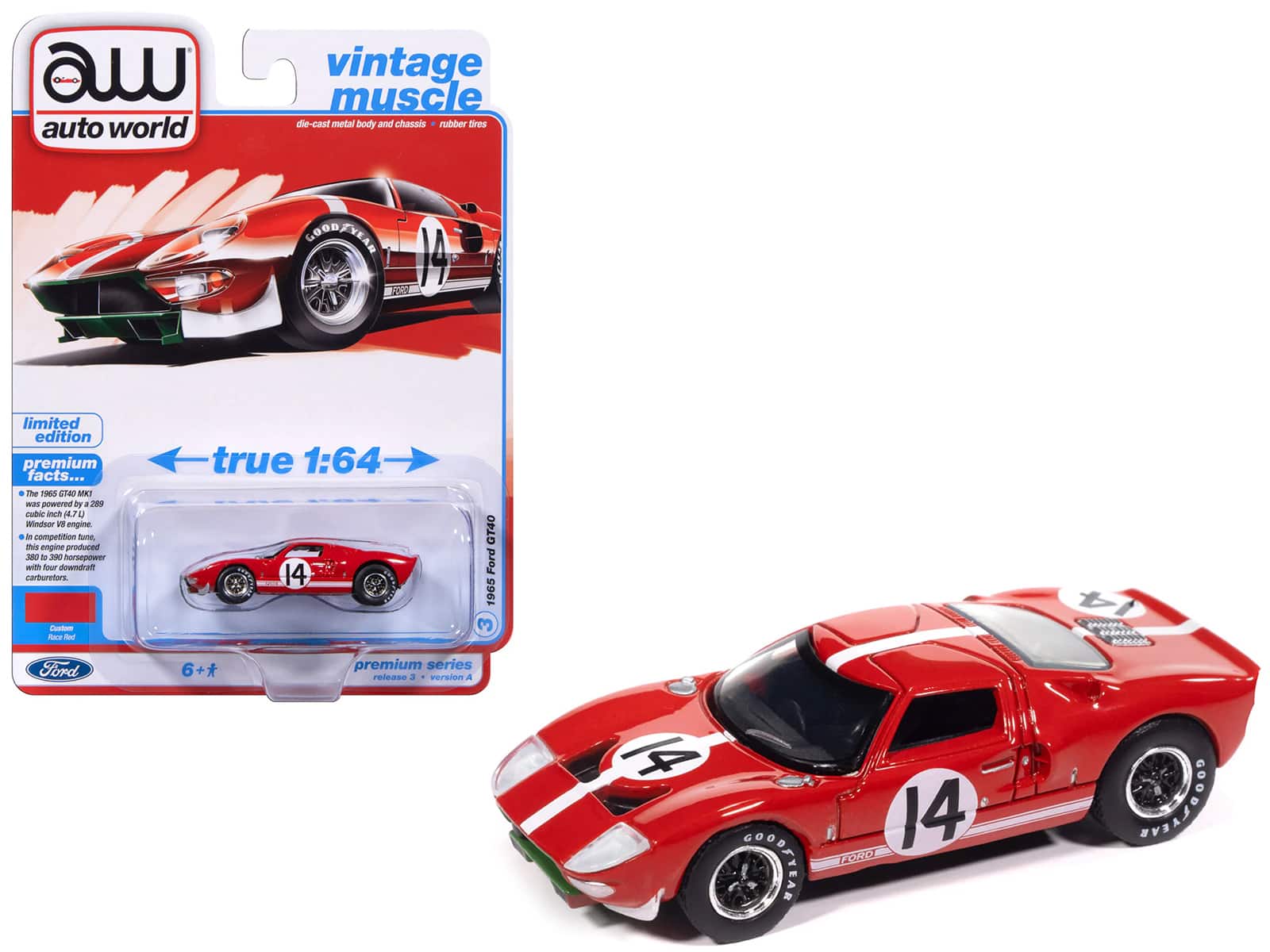 "Autoworld - 1965 Ford GT40 #14 Red with White Stripes ""Vintage Muscle"" Series 1/64 Diecast Model Car by Auto World" price history on PriceWatchPro