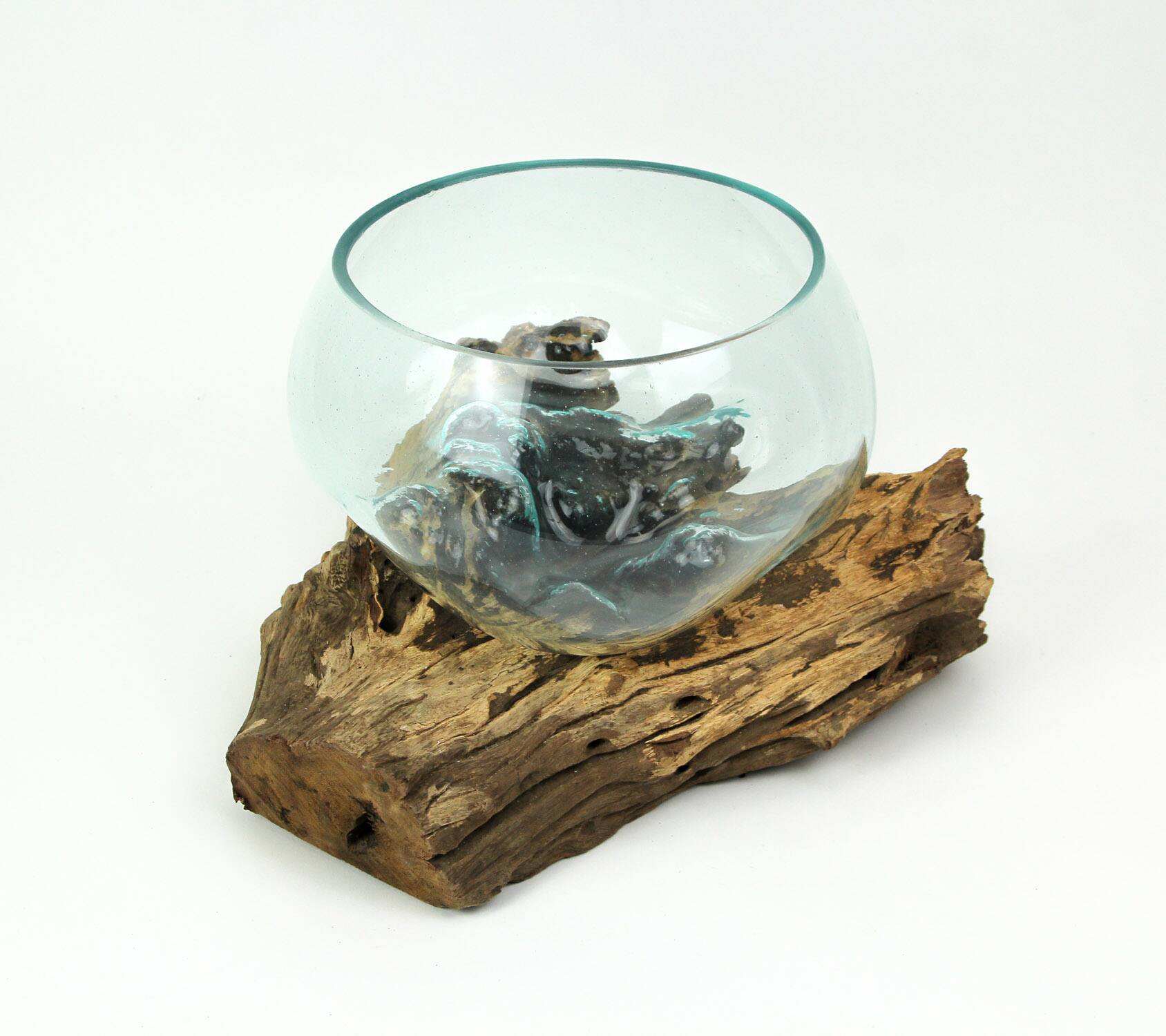 Alt View 1. Things2Die4 - Melted Glass Bowl on Teak Driftwood Base, 8–9" Terrarium Centerpiece Decor - Brown.