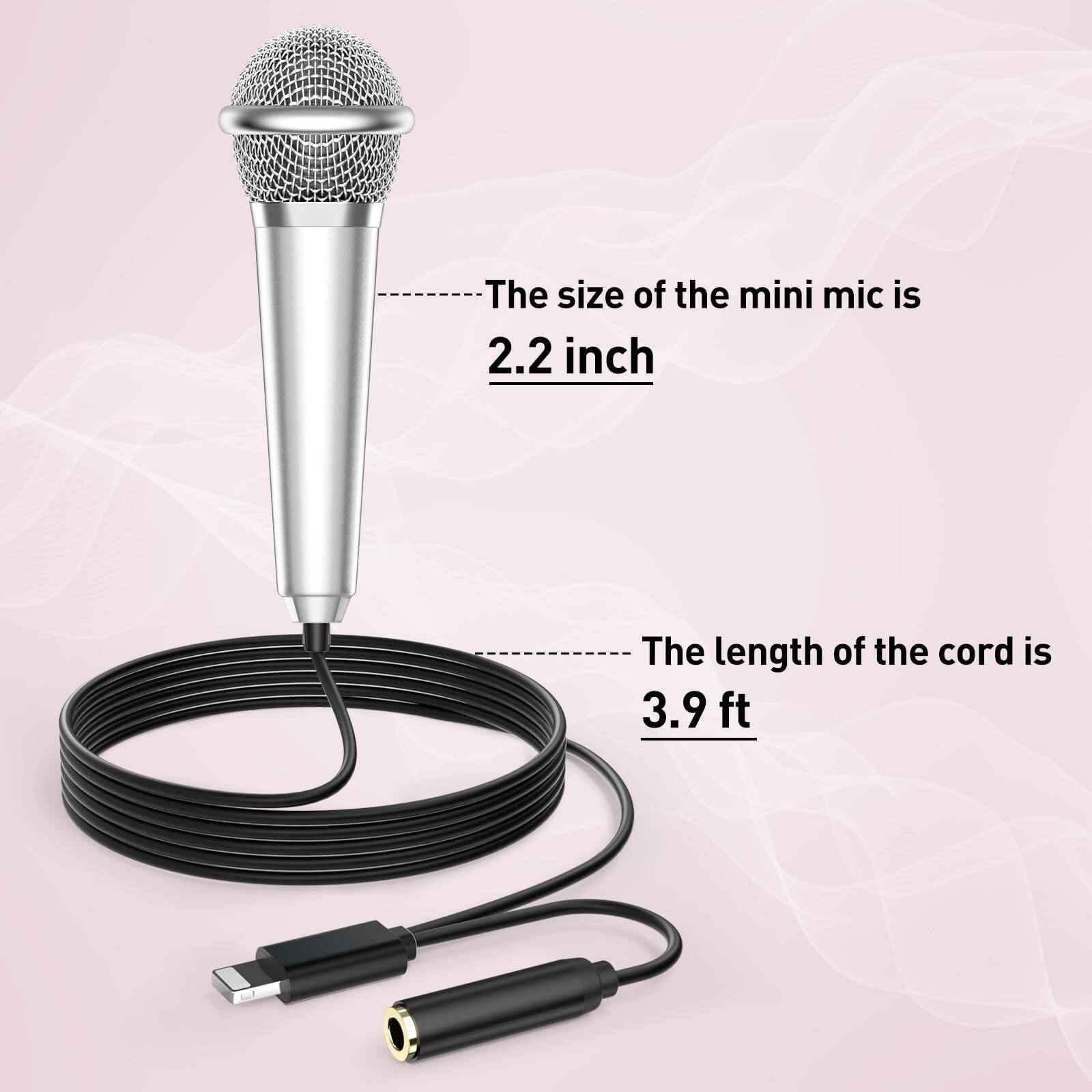 The size of the mini mic is 2.2 inch  
The length of the cord is 3.9 ft
