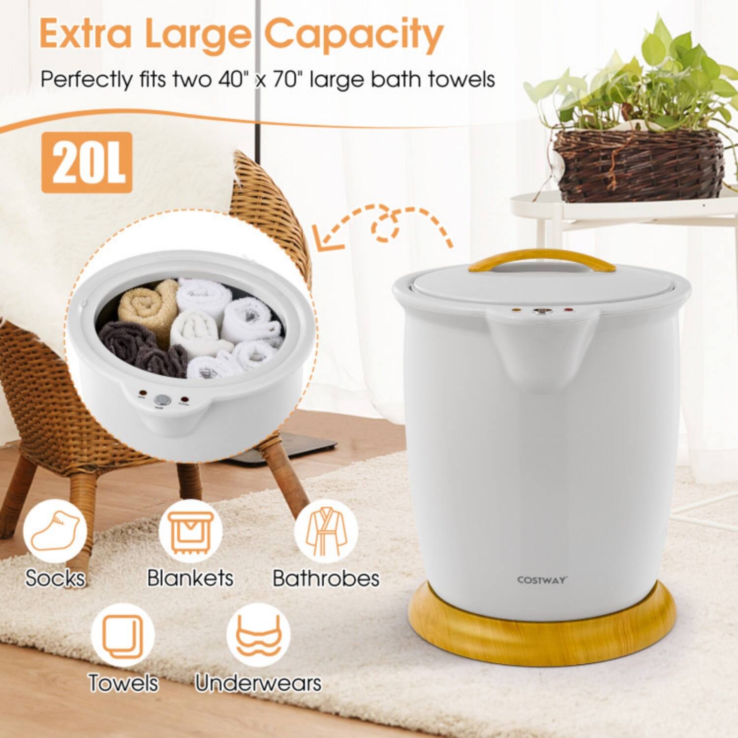 Extra Large Capacity  
Perfectly fits two 40" x 70" large bath towels  
20L  
Socks  
Blankets  
Bathrobes  
Towels  
Underwears  
COSTWAY