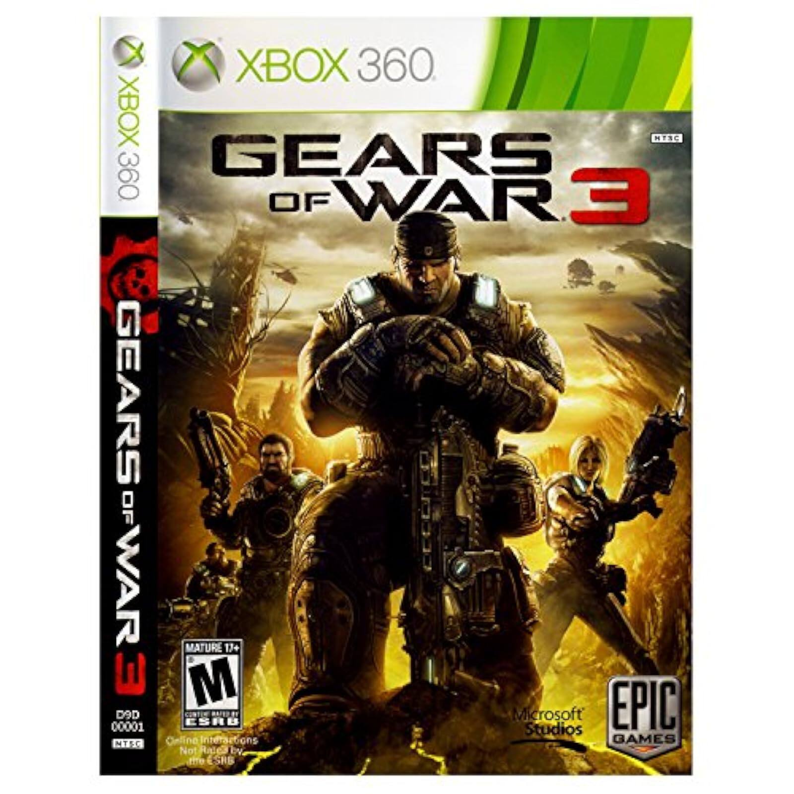 XBOX 360  
GEARS OF WAR 3  
NTSC  
MATURE 17+  
D9D  
00001  
ESRB  
Microsoft Studios  
EPIC GAMES  
Online Interactions Not Rated by the ESRB