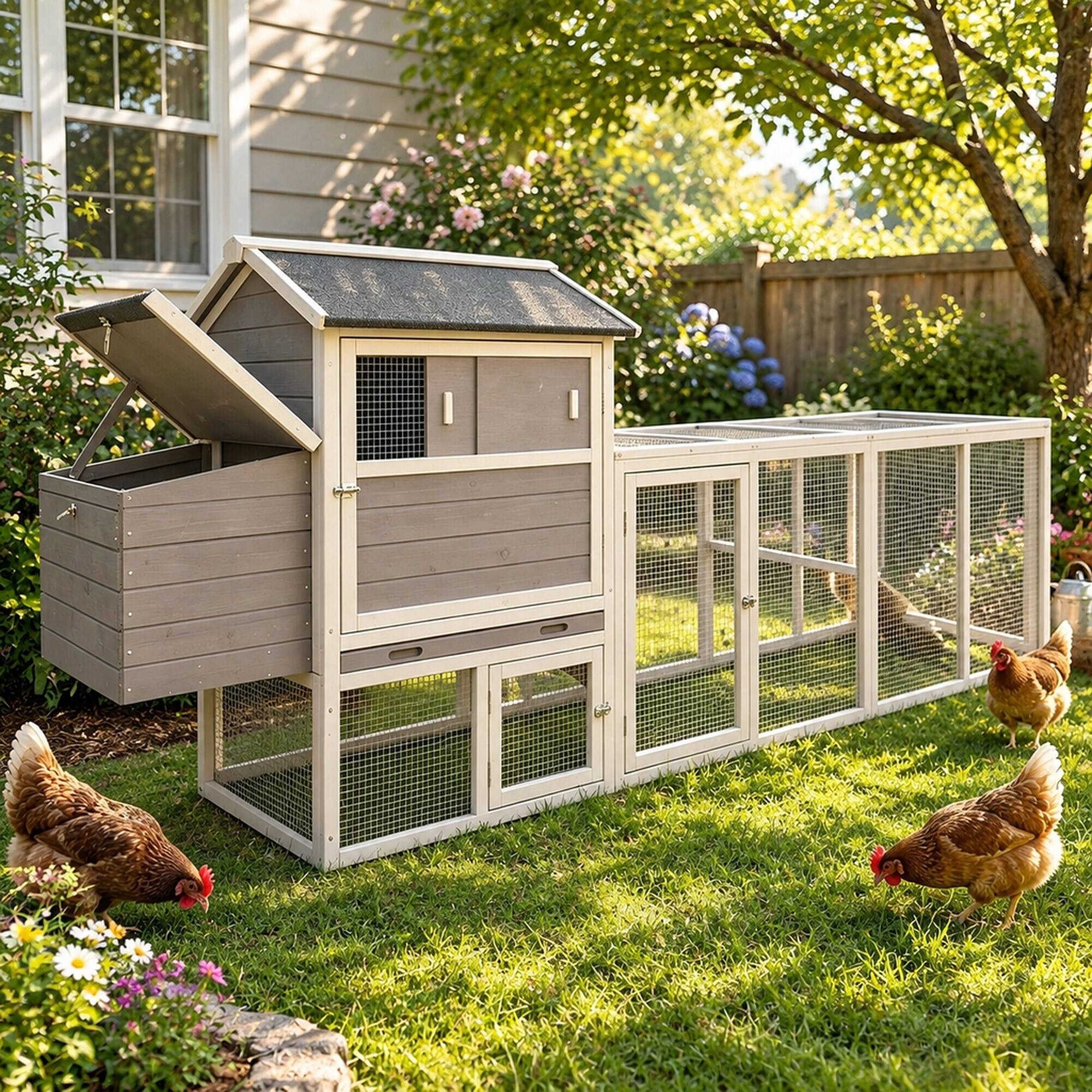 Alt View 1. RYHNUYNE - Gray Wooden Chicken Coop, Large Outdoor Hen House, Waterproof Anti-UV Roof, Sliding Door, Nesting Box.