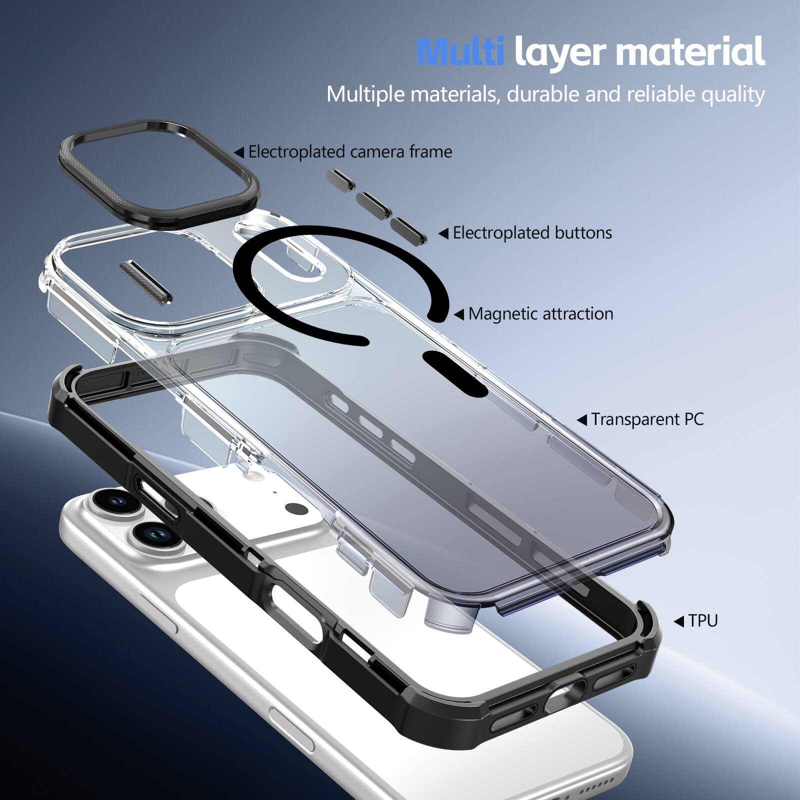 Multi layer material  
Multiple materials, durable and reliable quality  
Electroplated camera frame  
Electroplated buttons  
Magnetic attraction  
Transparent PC  
TPU