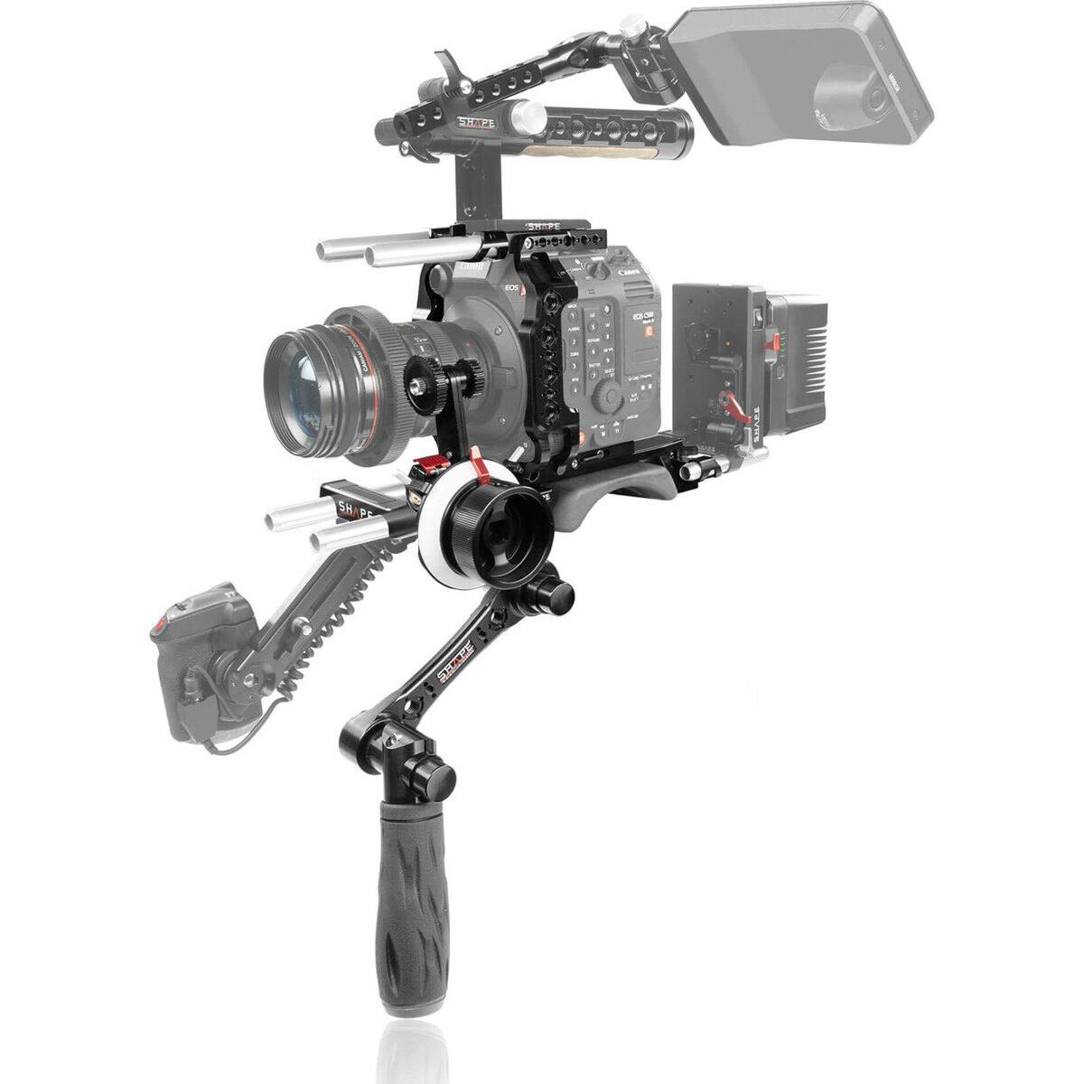 Front. Shape - Shape C52BRFFP Baseplate with Left Handle, Cage and Follow Focus Pro for Canon C500 Mark II Camera.