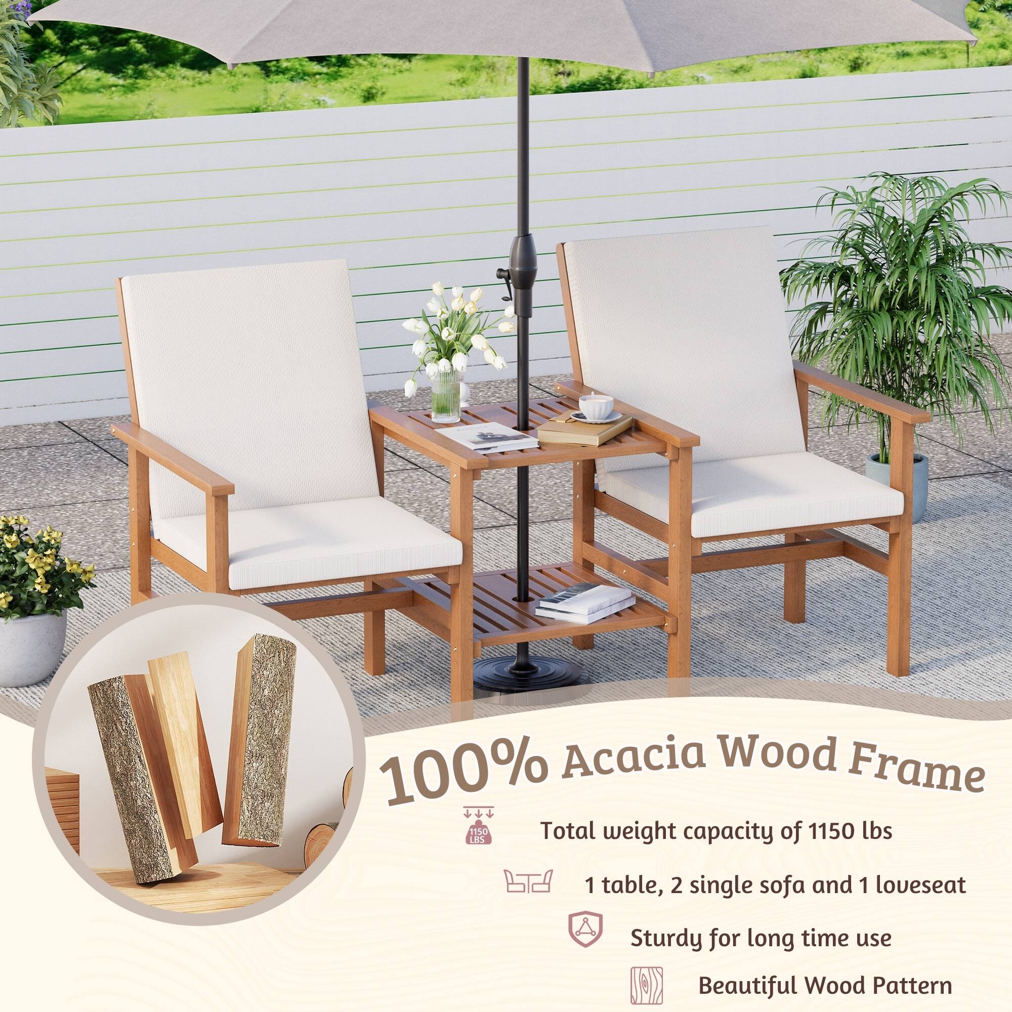 100% Acacia Wood Frame  
Total weight capacity of 1150 lbs  
1 table, 2 single sofa and 1 loveseat  
Sturdy for long time use  
Beautiful Wood Pattern