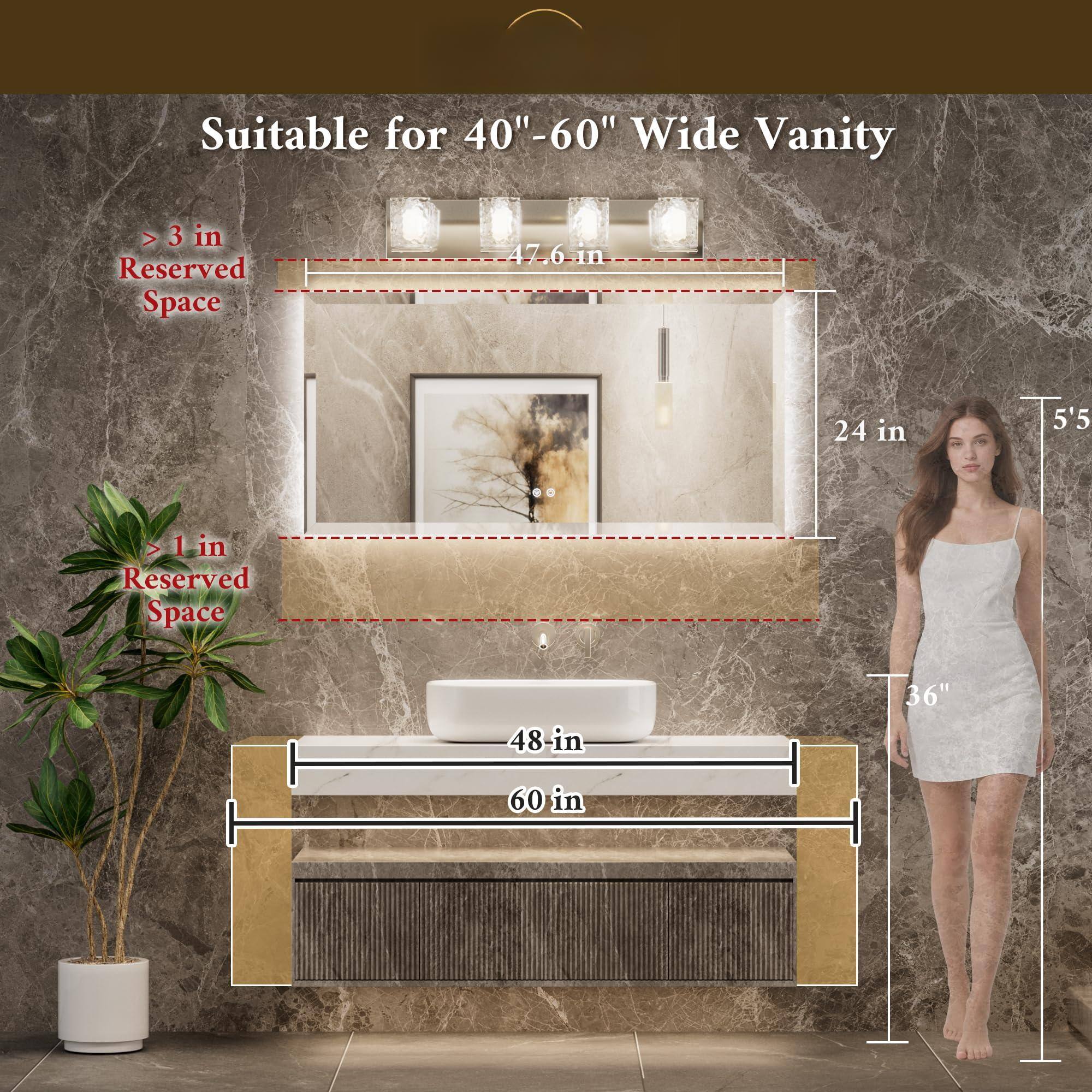 Suitable for 40"-60" Wide Vanity

- > 3 in Reserved Space
- 47.61 in
- 24 in
- > 1 in Reserved Space
- 48 in
- 60 in
- 36"