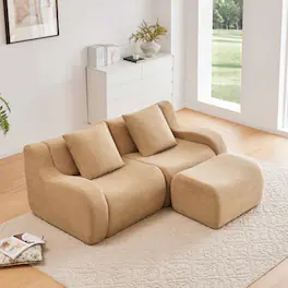 Aukfa - Modular Teddy Fabric Sofa - 2-Seat Sectional with 1 Ottoman, Soft Boneless Design for Living Room - Camel