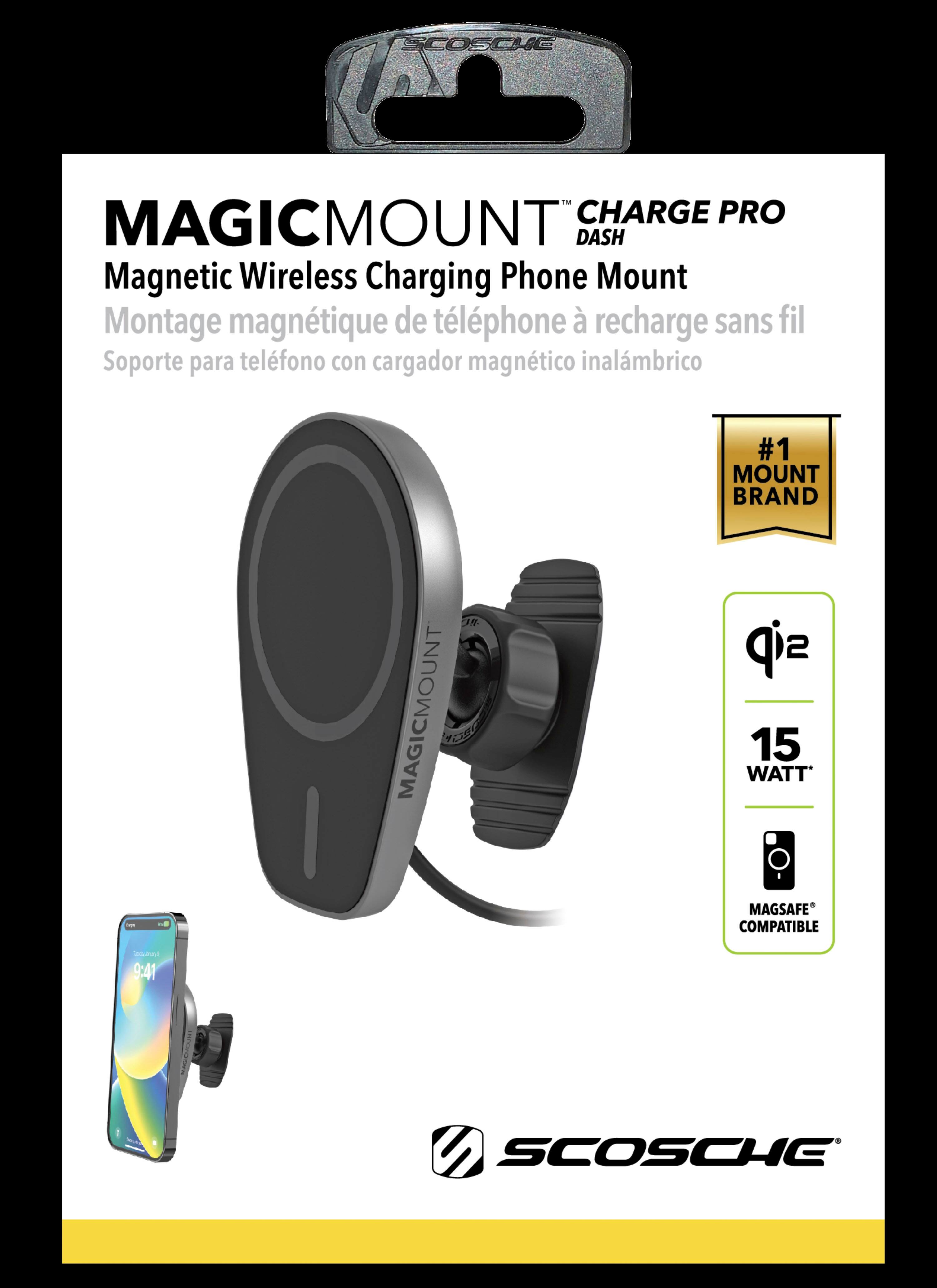 The text on the image is in Spanish, and it reads: "MagicMount Charge Pro DASH Magnetic Wireless Charging Phone Mount." This translates to "MagicMount Charge Pro DASH Mount de teléfono sin cables de carga magnética."