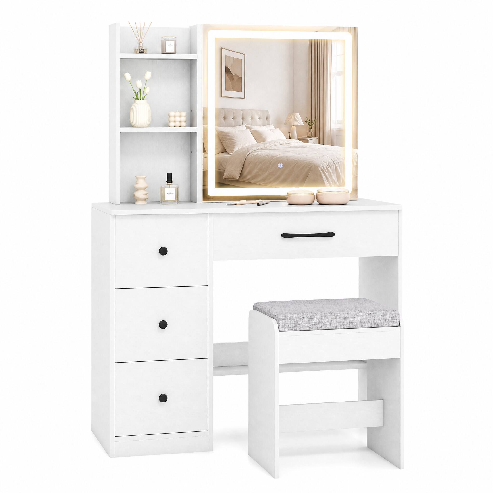 Alt View 6. WELLFOR - Makeup Vanity Desk with Sliding 3‑Color LED Lighted Mirror, 4 Drawers and Removable‑Cushion Padded Stool for Bedroom - White.