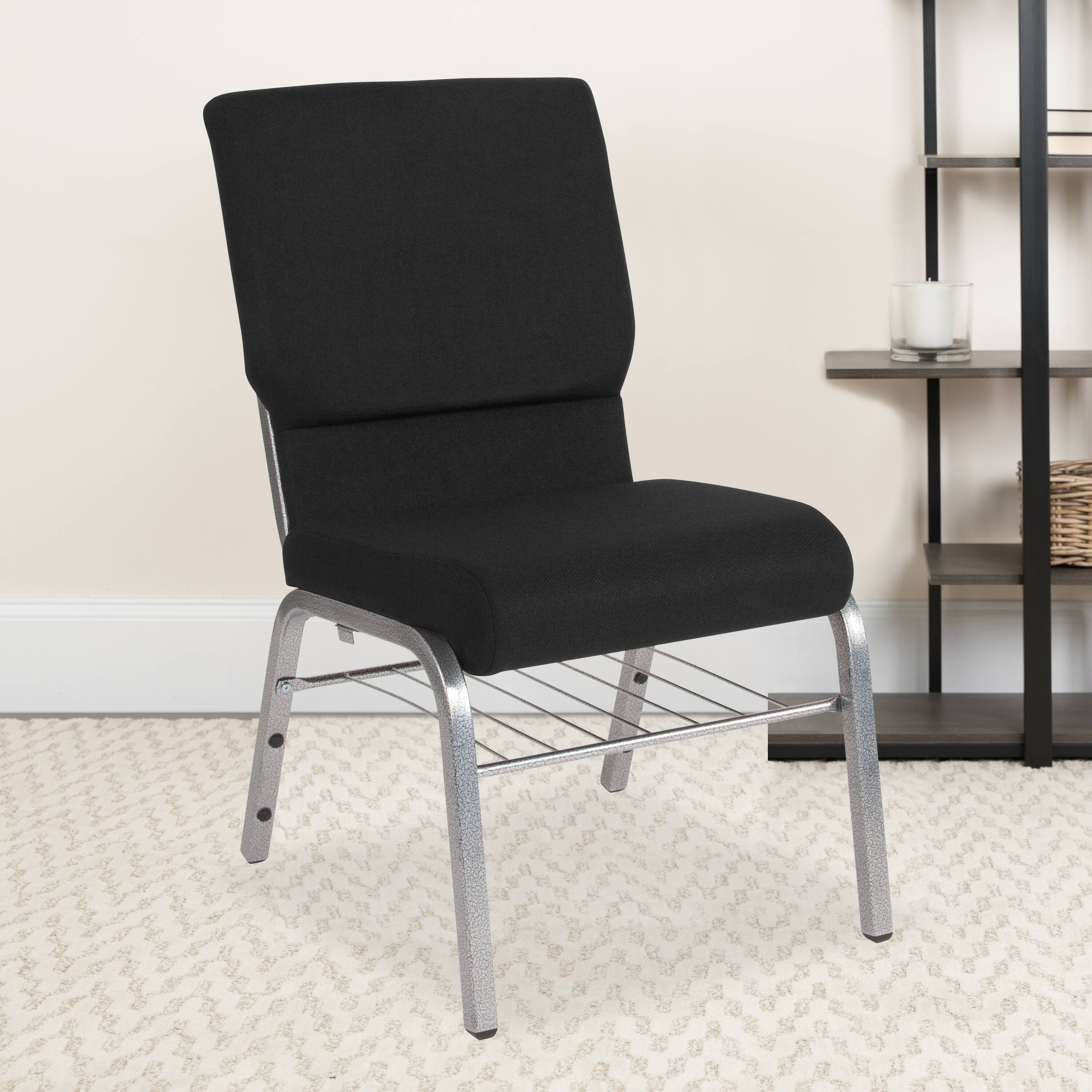 Alt View 2. Emma + Oliver - 4 Pack 18.5''W Church Chair with Book Rack - Black Fabric/Silver Vein Frame.