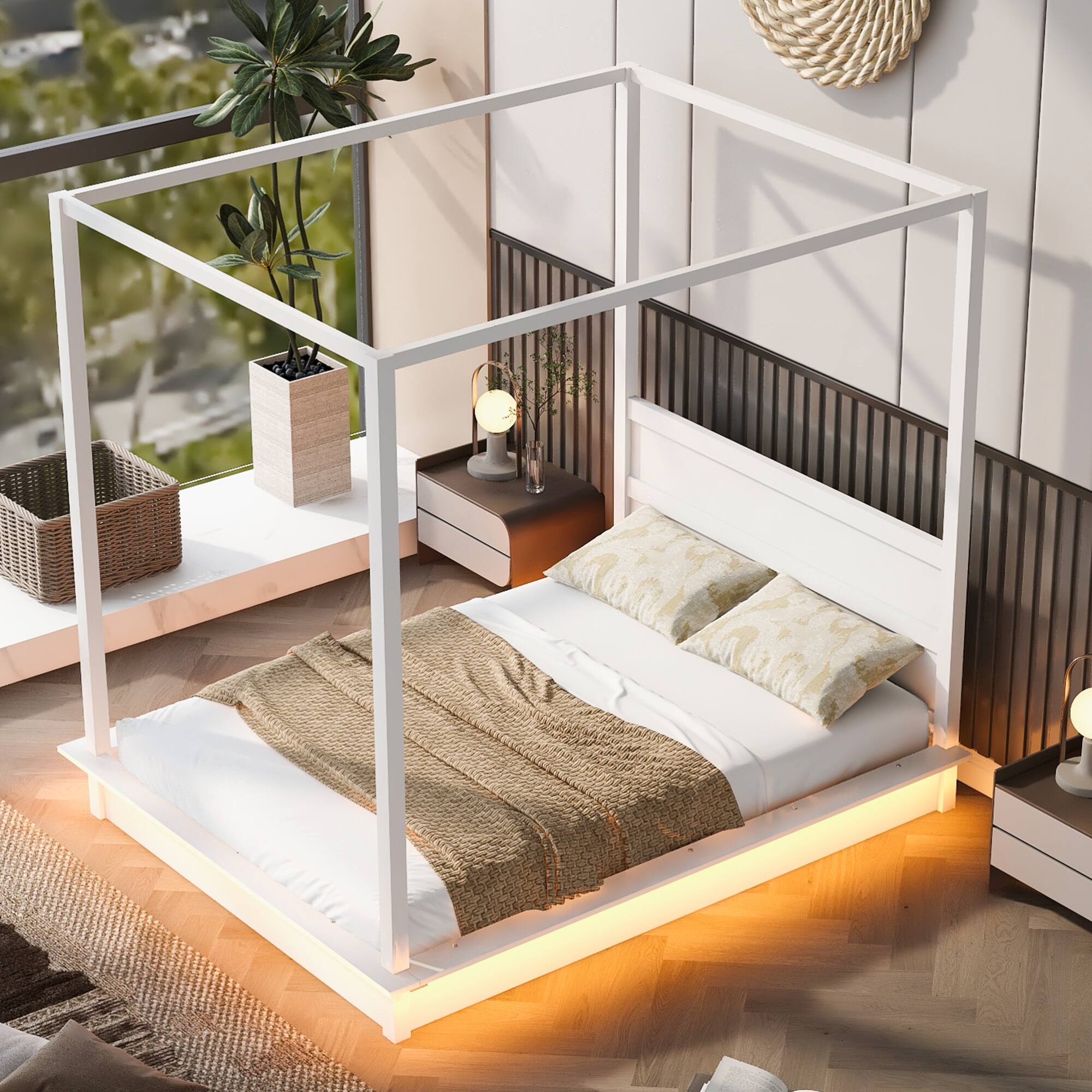 Angle. GOODSILO - Queen Size Wooden LED Canopy Platform Bed with Support Slats, No Box Spring Needed, Modern Design - White.