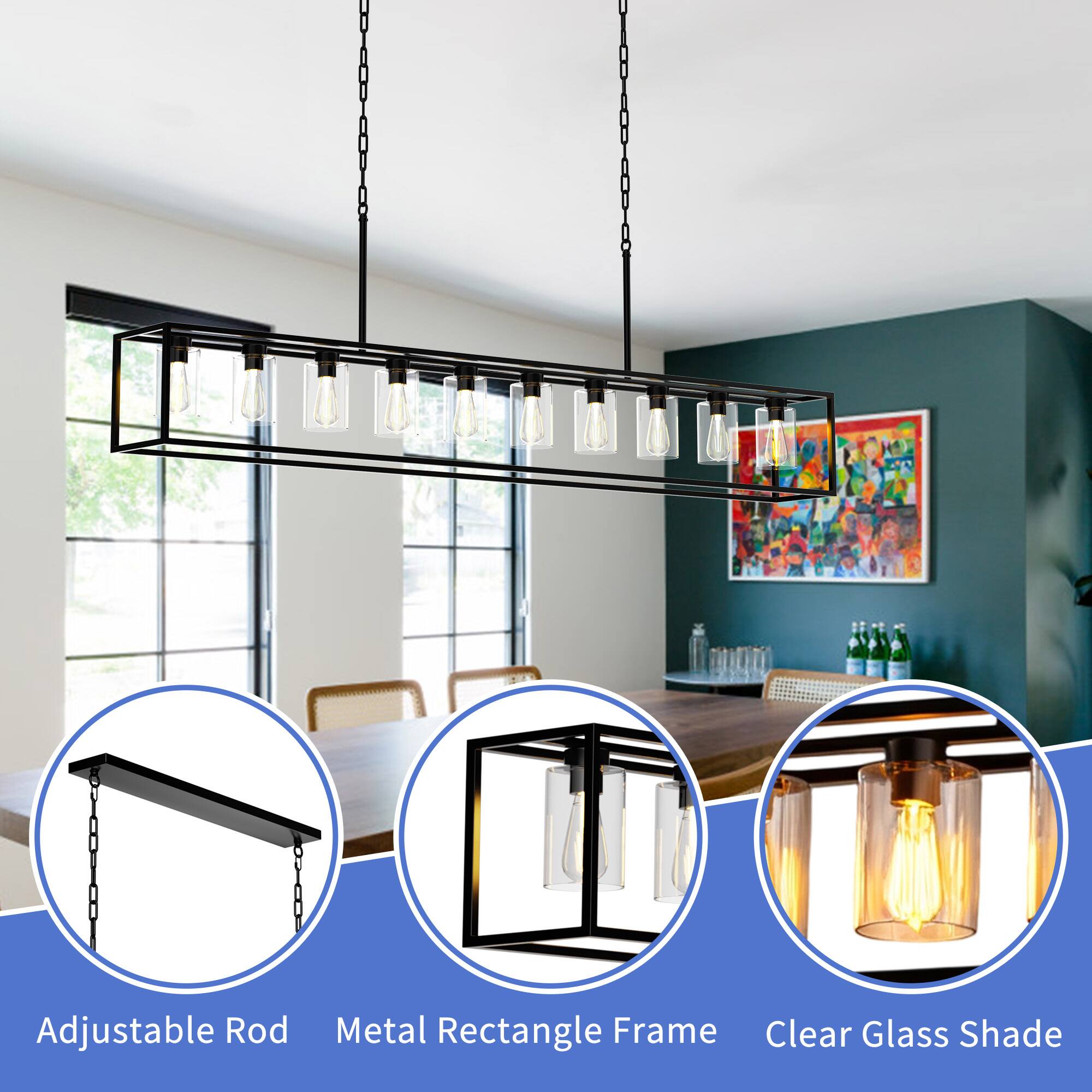 Adjustable Rod  
Metal Rectangle Frame  
Clear Glass Shade