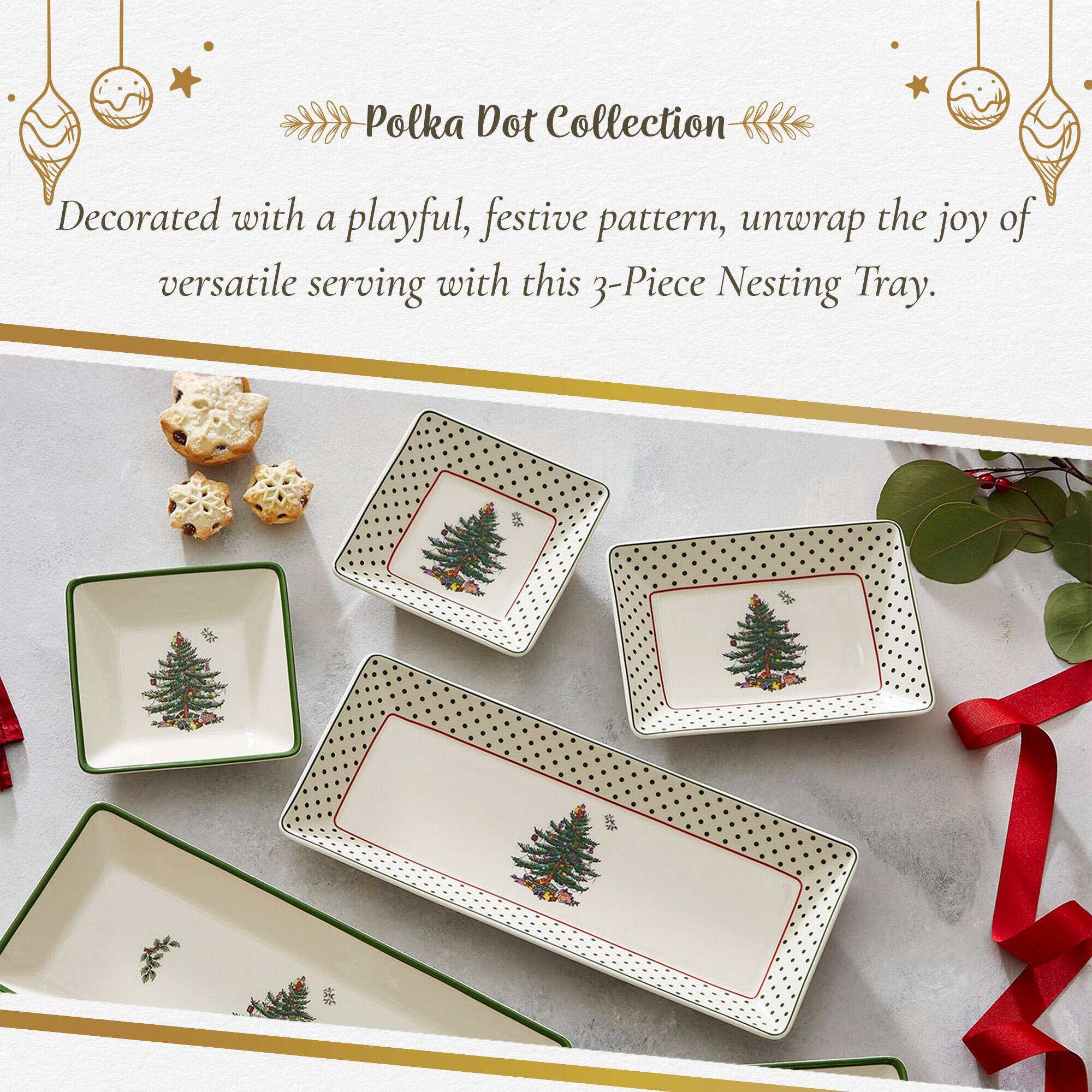 Polka Dot Collection

Decorated with a playful, festive pattern, unwrap the joy of versatile serving with this 3-Piece Nesting Tray.