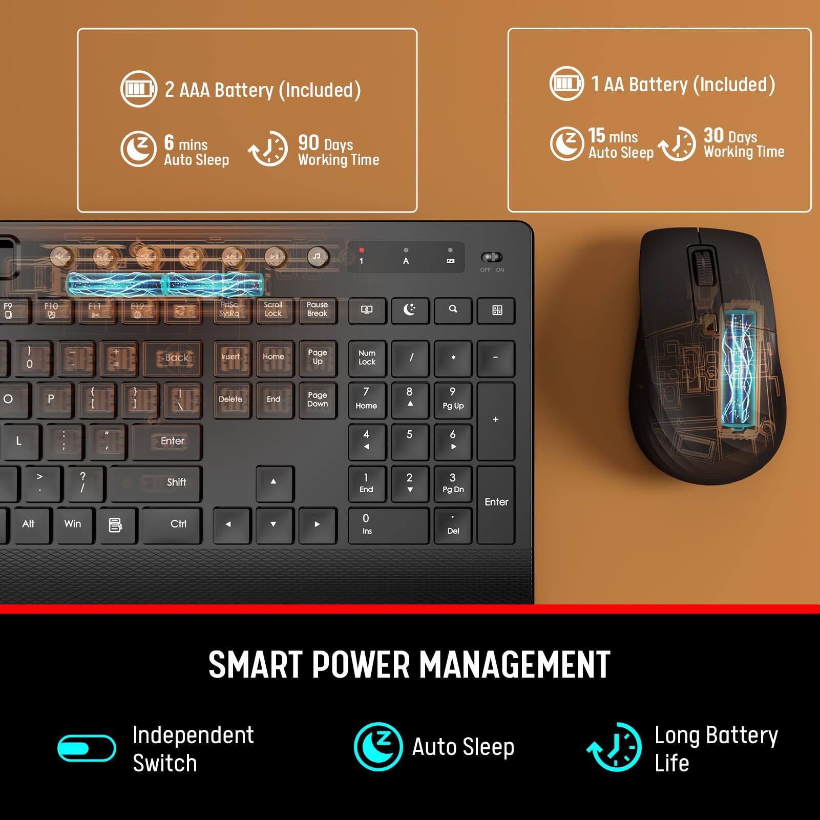 2 AAA Battery (Included)  
6 mins Auto Sleep  
90 Days Working Time  

1 AA Battery (Included)  
15 mins Auto Sleep  
30 Days Working Time  

SMART POWER MANAGEMENT  
Independent Switch  
Auto Sleep  
Long Battery Life