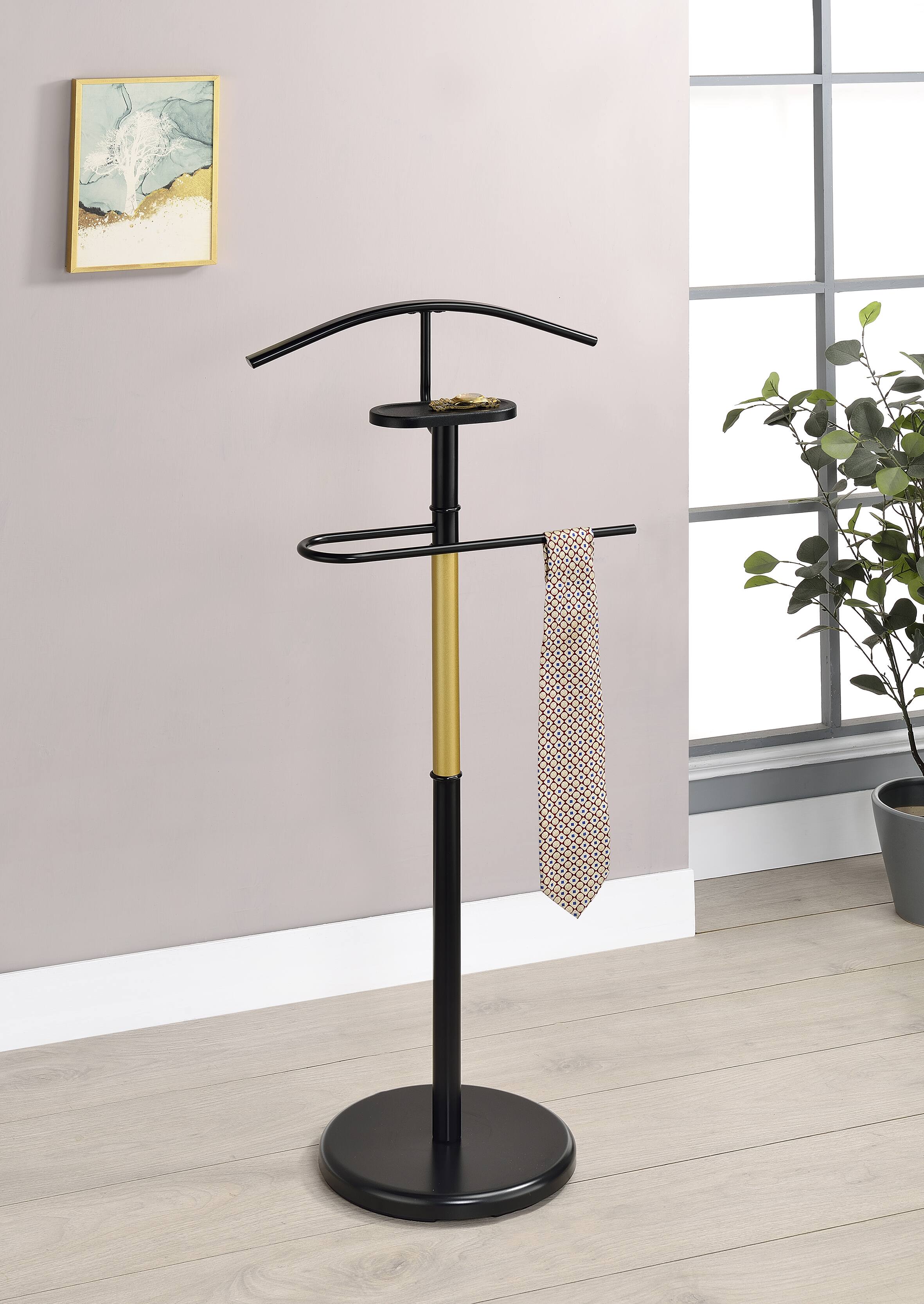 Front. Kings Brand Furniture - Kings Brand Furniture Modern Freestanding Valet Stand, Metal Suit Rack with Jacket Hanger, Trouser Bar, Tie Holder - Black/Gold.