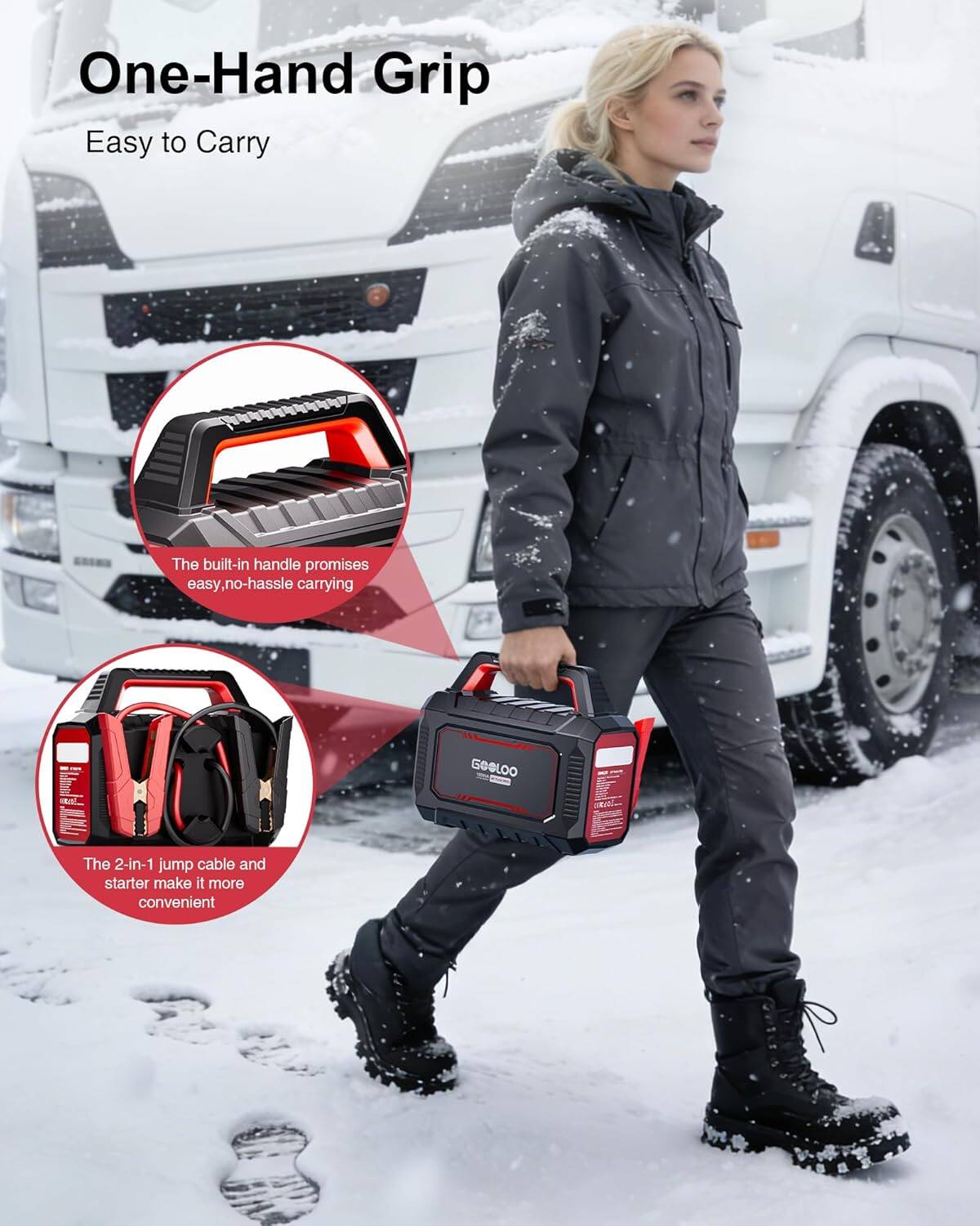 One-Hand Grip Easy to Carry

The built-in handle promises easy, no-hassle carrying

GOOLOO

The 2-in-1 jump cable and starter make it more convenient
