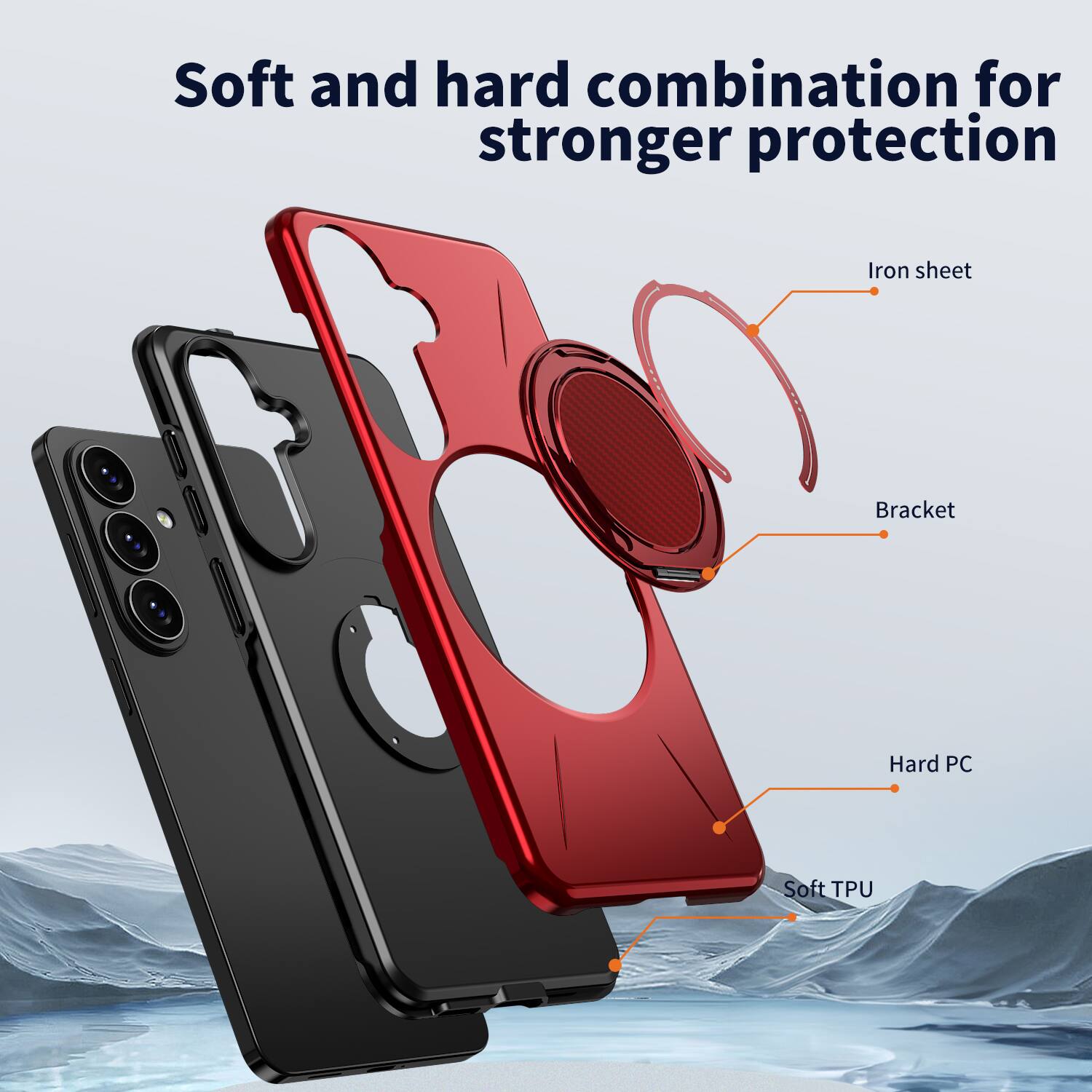 Soft and hard combination for stronger protection

Iron sheet
Bracket
Hard PC
Soft TPU