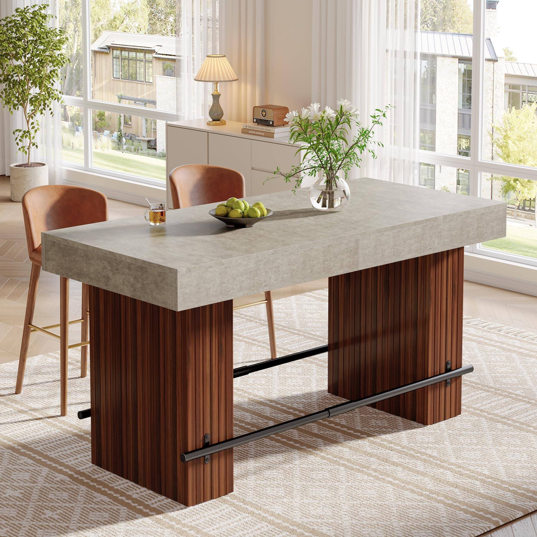 Back. Tribesigns - 62.2" Dining Table for 4-6, Counter Height Dining Room Table - Gray Cement and Red Brown.