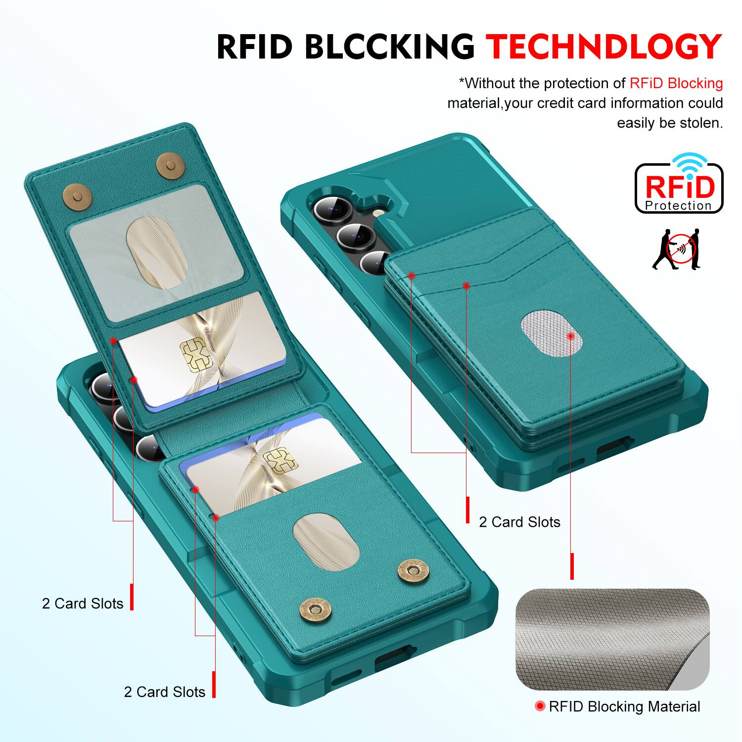 RFID BLOCKING TECHNOLOGY

*Without the protection of RFID Blocking material, your credit card information could easily be stolen.

RFID Protection

2 Card Slots

2 Card Slots

2 Card Slots

RFID Blocking Material