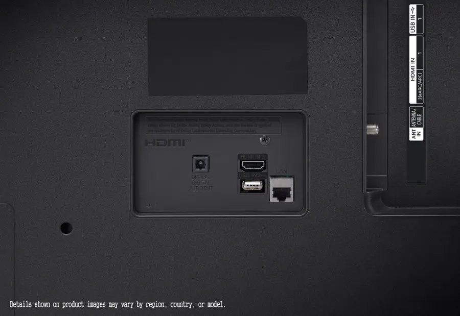 The text on the image reads:

"Manufactured under license from Dolby Laboratories Dolby, Dolby Vision, Dolby Vision IQ, Dolby Audio, Dolby Atmos, and the double-D symbol are trademarks of Dolby Laboratories Licensing Corporation. HOMI 1 IN HDMI 2 (eARC/ARC) ANTENNA/ CABLE ANT IN HDMI I IN 3 OPTICAL GITAL AUDIO OUT USB IN2 LAN AA11 Details shown on product images may vary by region, country, or model."