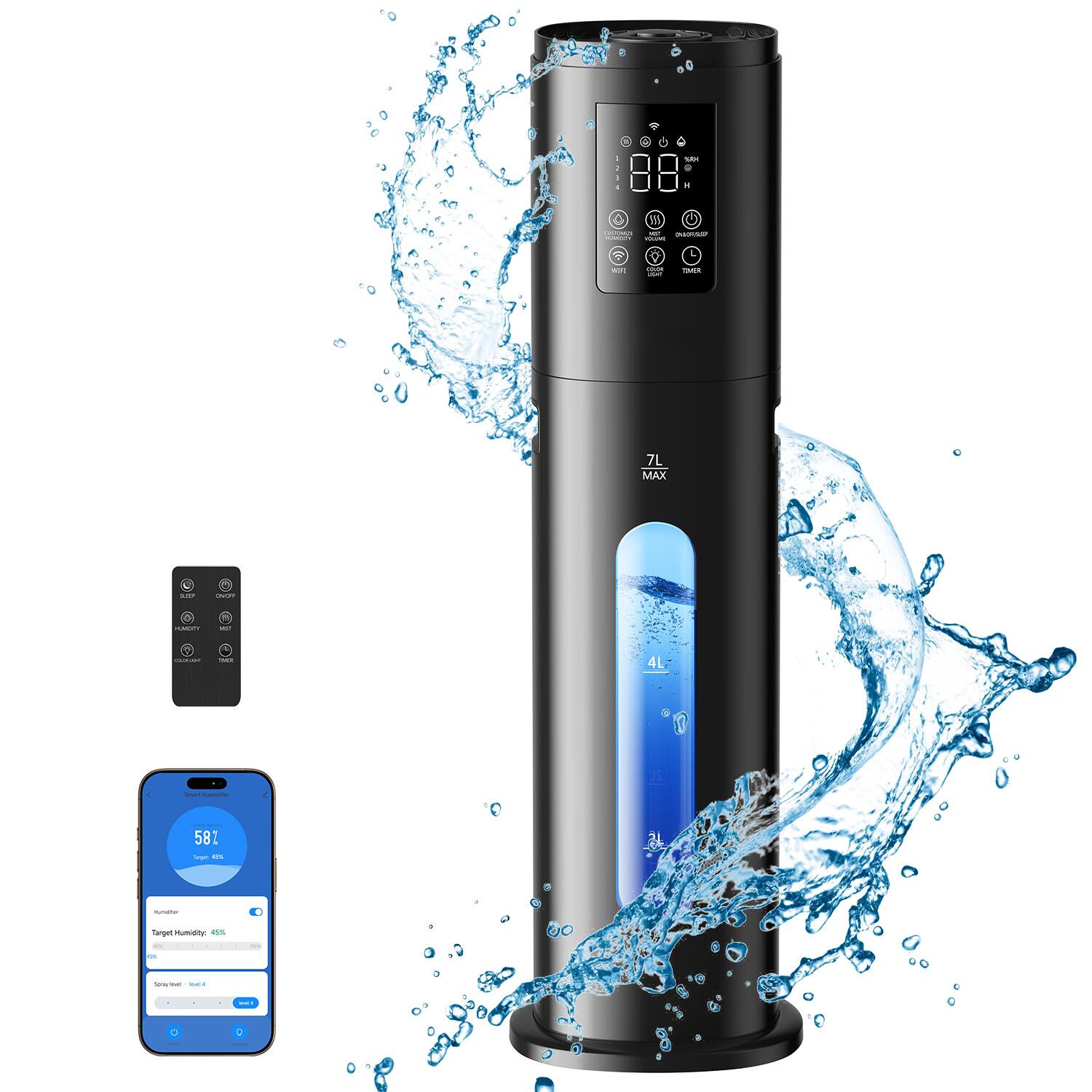 Teendow - 7L Humidifier, 2.5 Gal Cool Mist Humidifier for Bedroom with App & Remote Control, 4 Mist Levels,LED - Black