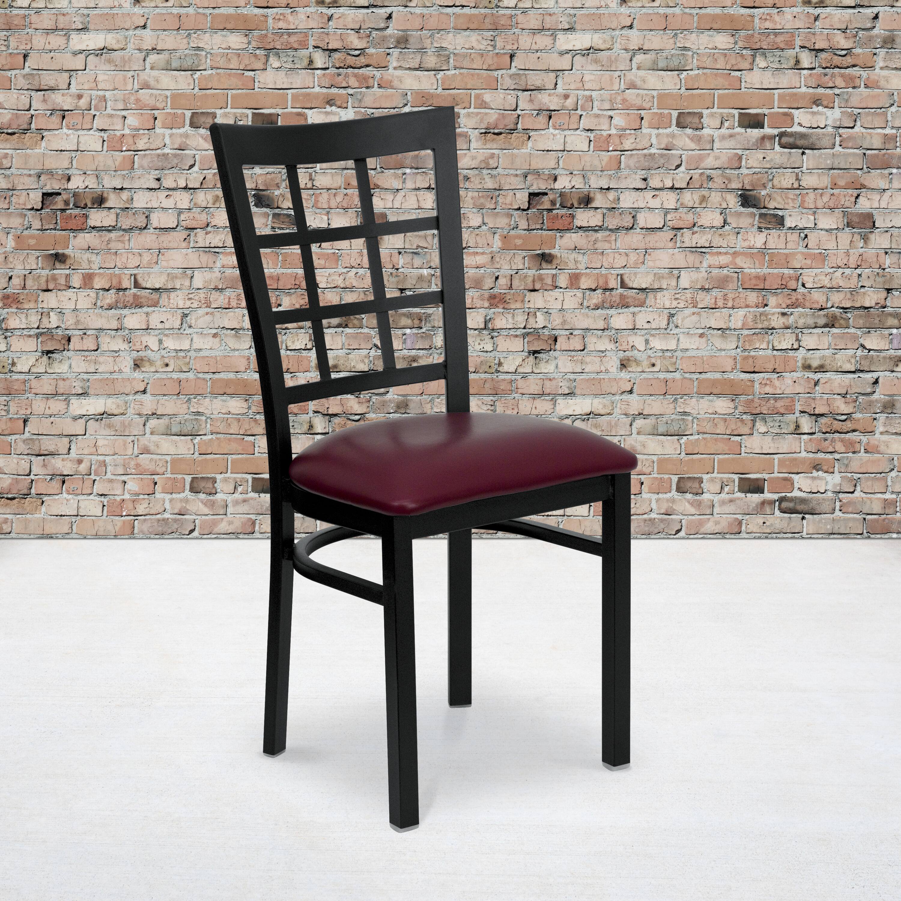 Alt View 2. Emma + Oliver - 2 Pack Window Back Metal Restaurant Chair - Burgundy Vinyl Seat/Black Metal Frame.
