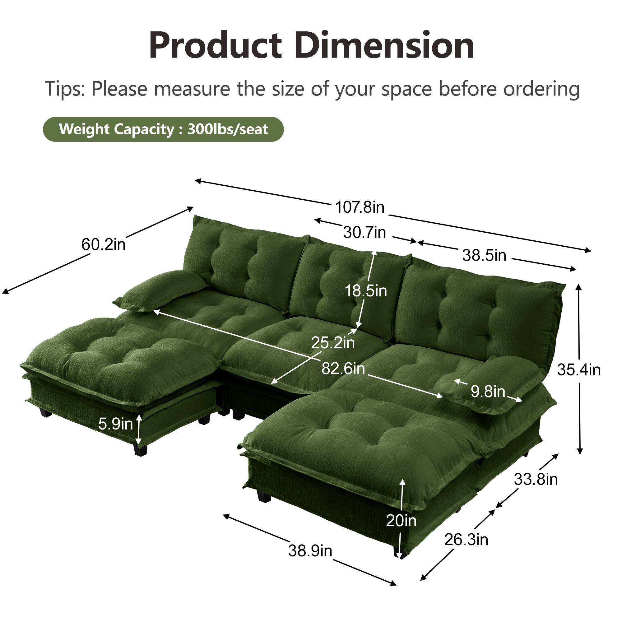 Product Dimension Tips: Please measure the size of your space before ordering  
Weight Capacity: 300lbs/seat  
60.2in  
107.8in  
30.7in  
38.5in  
18.5in  
25.2in  
82.6in  
9.8in  
35.4in  
5.9in  
33.8in  
38.9in  
20in  
26.3in