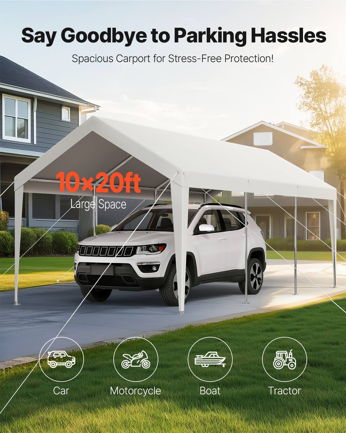 Say Goodbye to Parking Hassles, Spacious Carport for Stress-Free Protection! 10x20ft Large Space. Car, Motorcycle, Boat, Tractor.