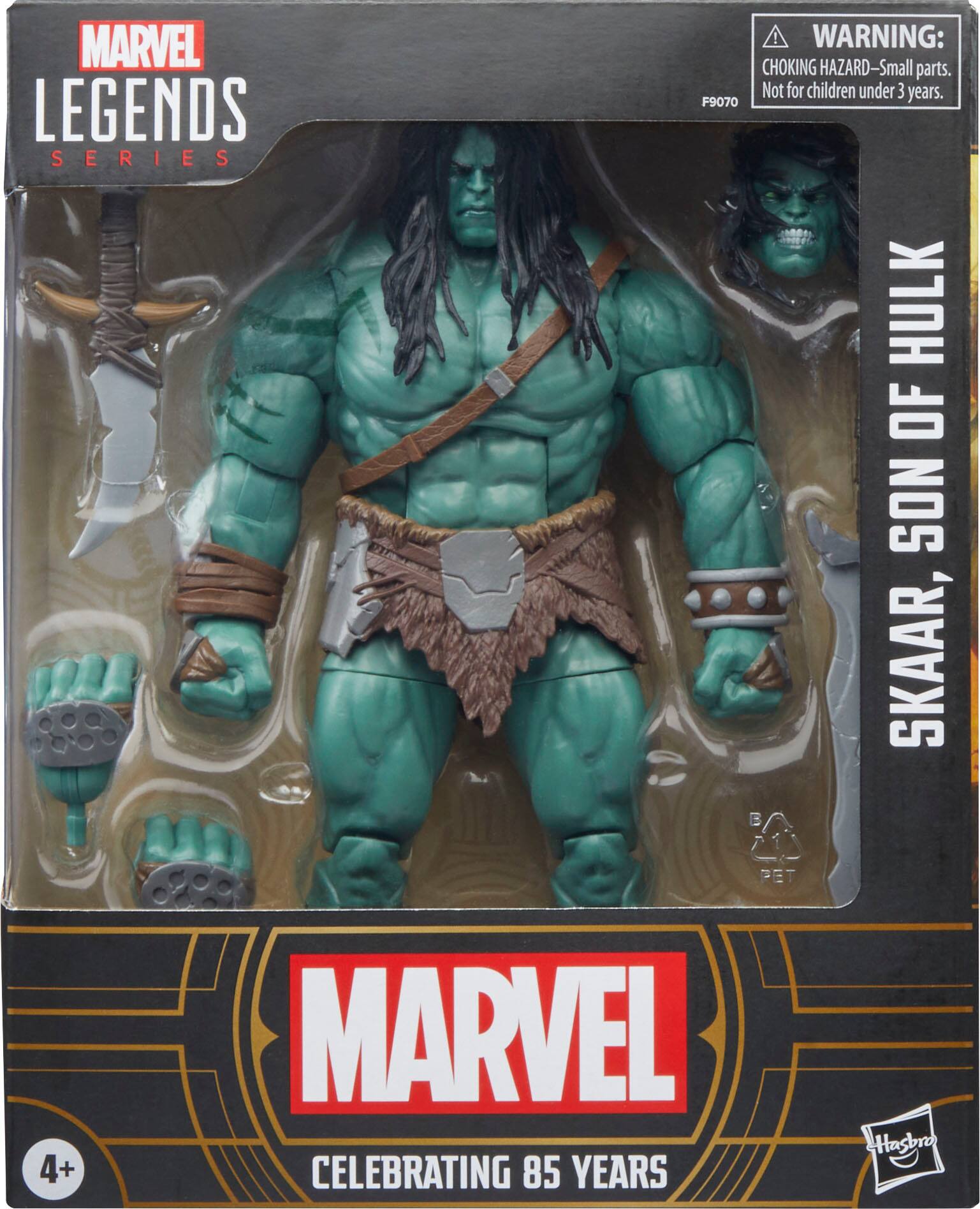 The text on the image is grouped and corrected as follows:

"MARVEL LEGENDS SERIES! WARNING: CHOKING HAZARD - Small parts. Not for children under 3 years. F9070 B A PET HULK OF SON SKAAR, 4+ MARVEL CELEBRATING 85 YEARS Hasbro"
