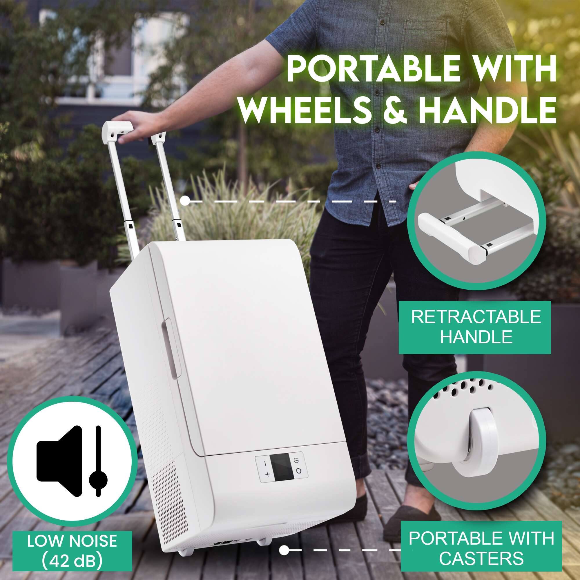 - Portable with wheels & handle
- Retractable handle
- Low noise (42 dB)
- Portable with casters