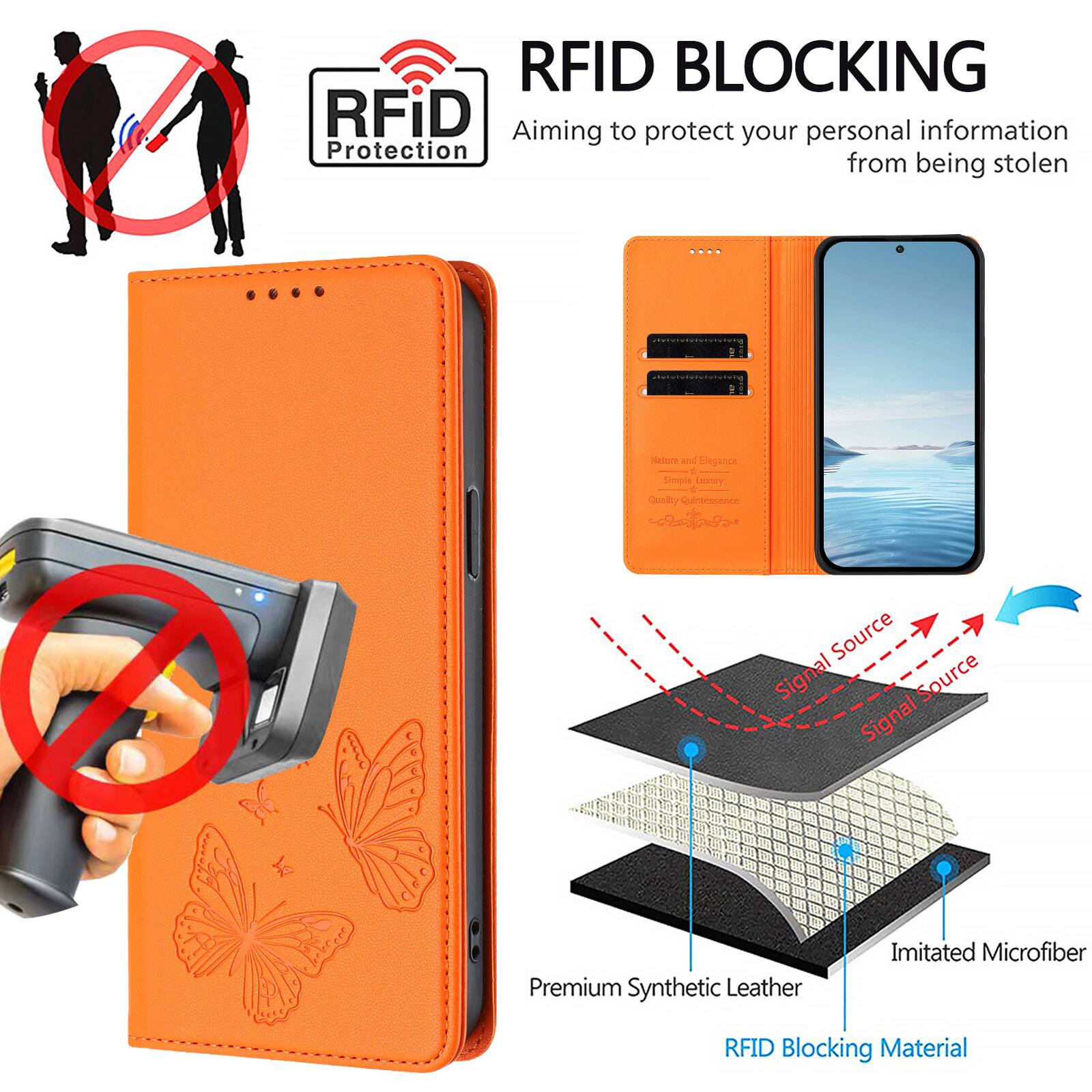 RFID BLOCKING  
Aiming to protect your personal information from being stolen  

RFID Protection  

Premium Synthetic Leather  
Imitated Microfiber  
RFID Blocking Material  

Signal Source  
Signal Source