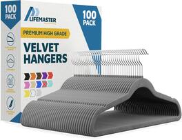 Lifemaster - Velvet Hanger Set – 100-Pack, Non-Slip, 360° Swivel Hook, Space-Saving, Lightweight, Smooth Velvet Finish - Gray