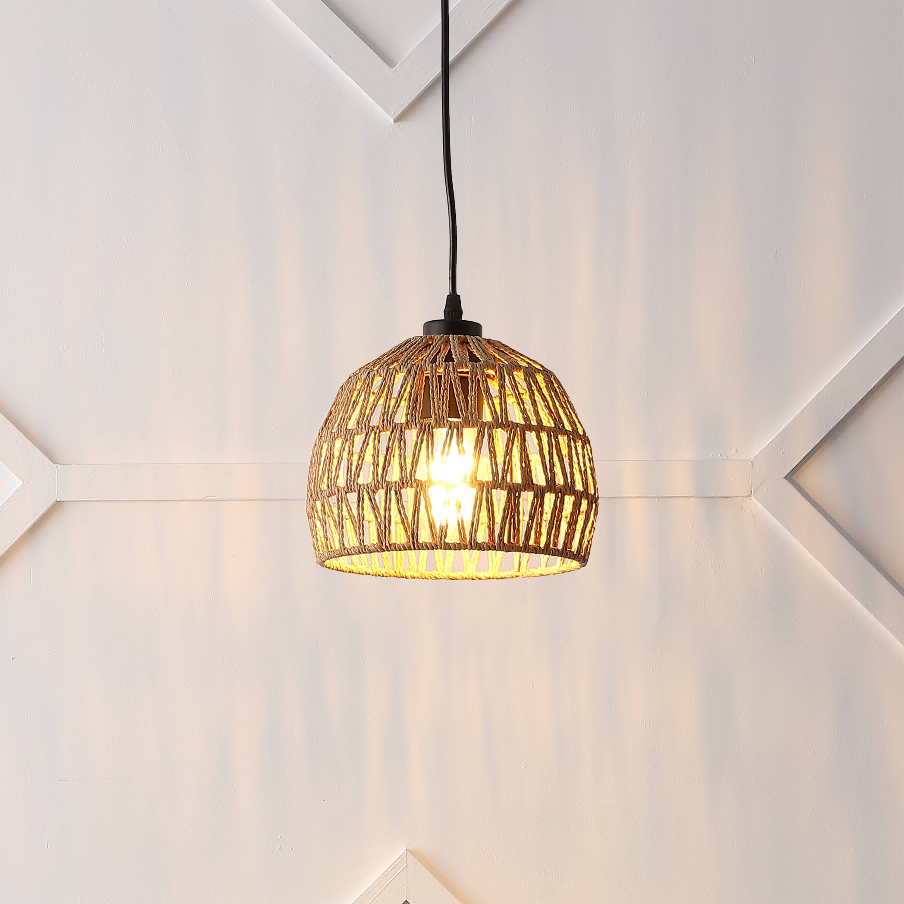 Alt View 1. Jonathan Y - Campana 8.25" 1-Light Bohemian Modern Woven Rope/Iron LED Pendant, Brown - Brown.