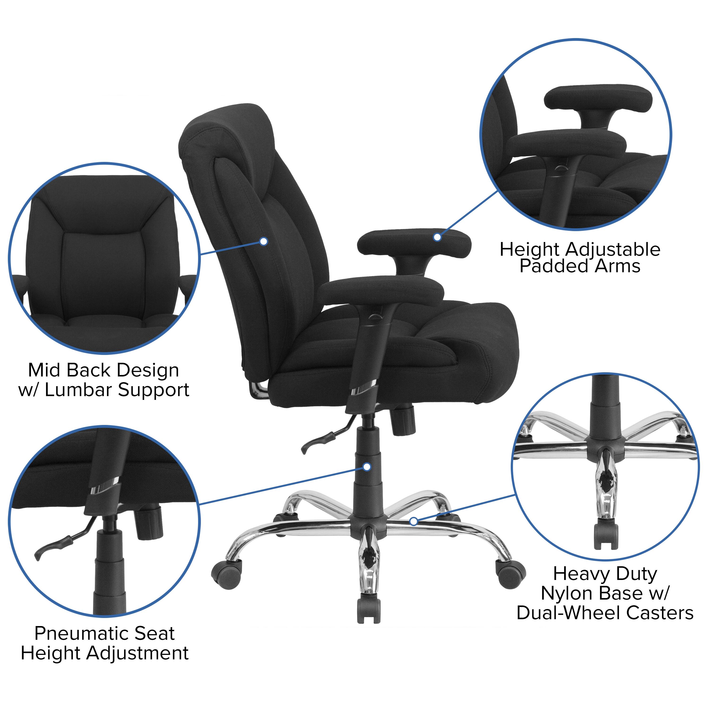 Height Adjustable Padded Arms  
Mid Back Design w/ Lumbar Support  
Pneumatic Seat Height Adjustment  
Heavy Duty Nylon Base w/ Dual-Wheel Casters