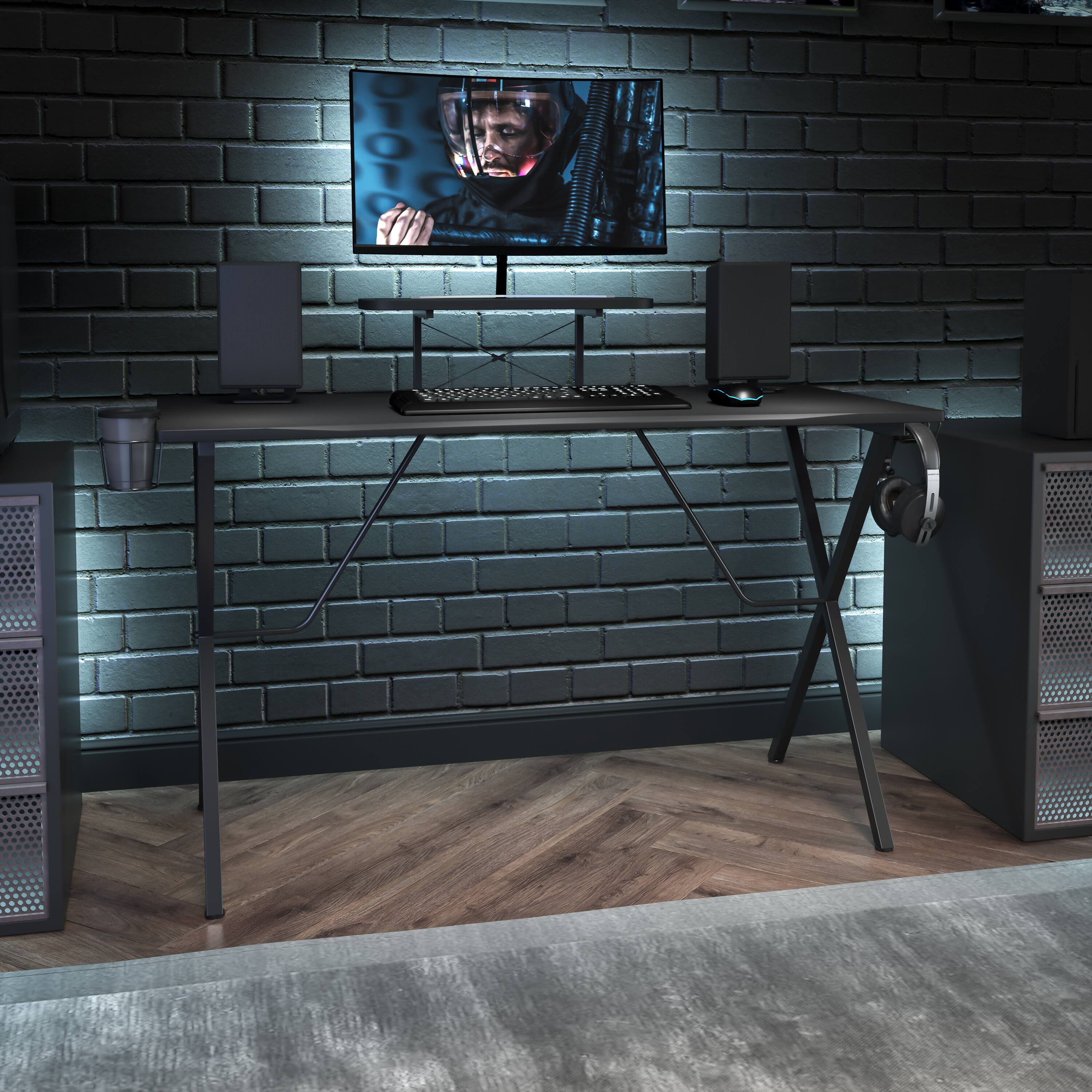 Alt View 1. Emma + Oliver - Gaming Desk with Cup Holder, Headphone Hook, and Monitor Stand - Black Top/Black Frame.