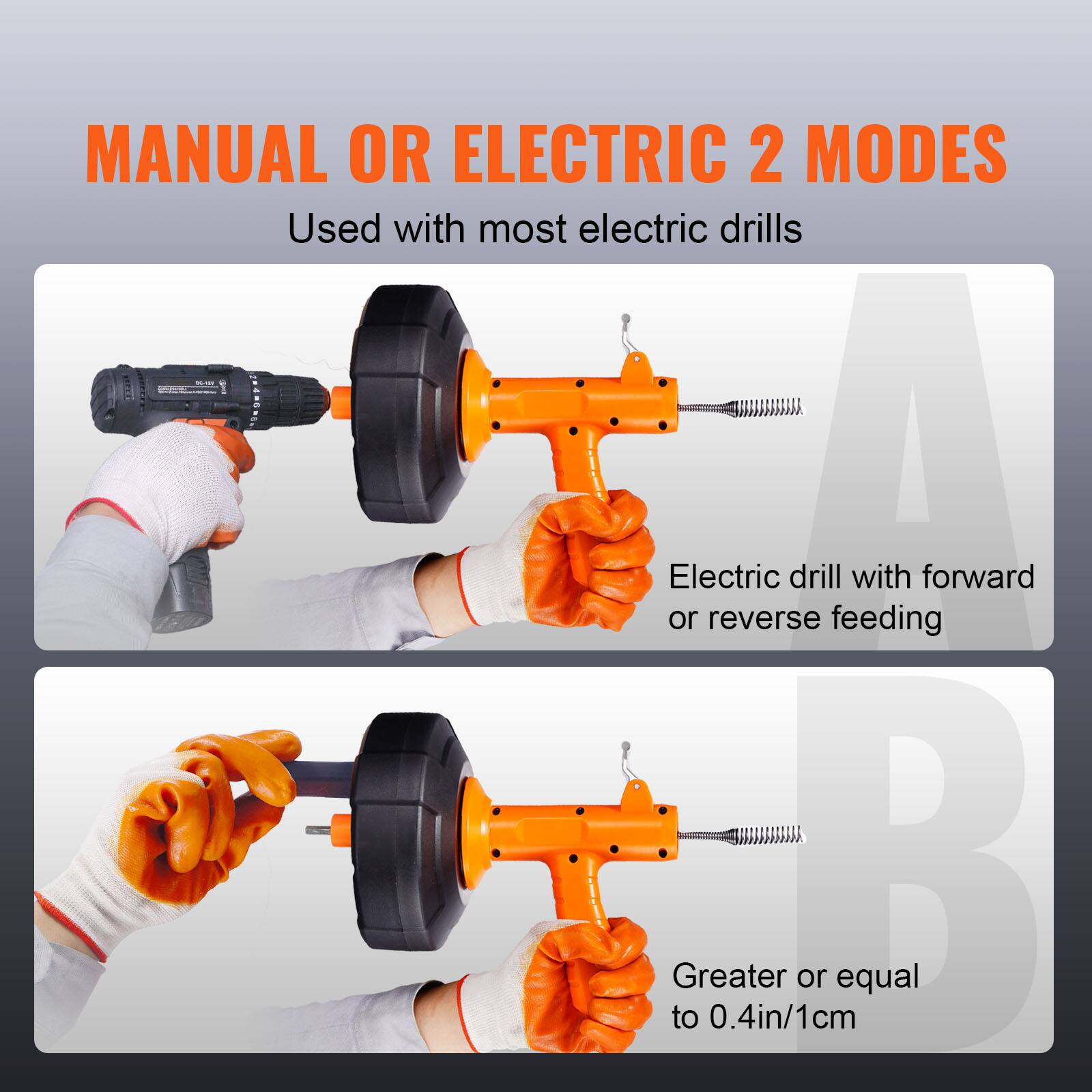 MANUAL OR ELECTRIC 2 MODES Used with most electric drills - Electric drill with forward or reverse feeding - Greater or equal to 0.4in/1cm