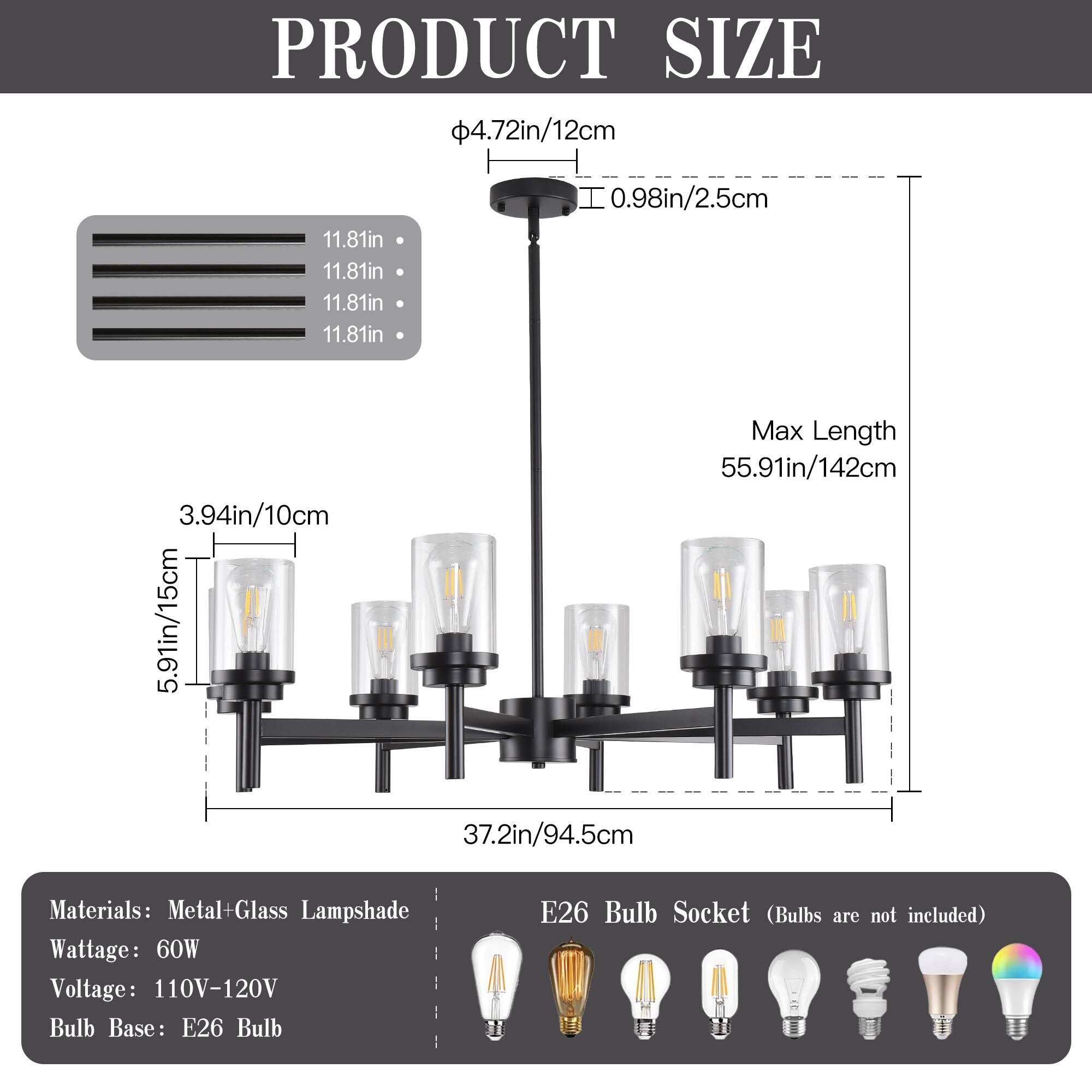 **PRODUCT SIZE**

- Diameter: 4.72in / 12cm
- Height: 11.81in
- Width: 11.81in
- Depth: 11.81in
- Lampshade Diameter: 3.94in / 10cm
- Lampshade Height: 5.91in / 15cm
- Max Length: 55.91in / 142cm
- Overall Height: 37.2in / 94.5cm

**Materials:** Metal + Glass Lampshade

**Wattage:** 60W

**Voltage:** 110V-120V

**Bulb Base:** E26 Bulb

**Bulb Socket:** E26 Bulb Socket (Bulbs are not included)