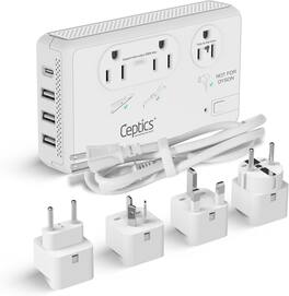 Ceptics - 2000W Travel Converter – Step Down 220V to 110V – For Hair Dryers, Irons & Chargers – 4 USB (USB-C PD) - White
