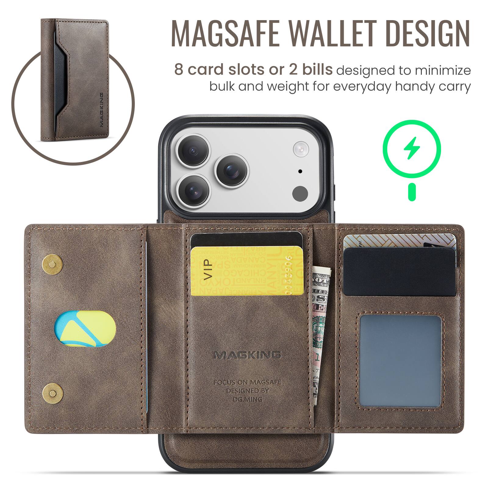 MARKING MAGSAFE WALLET DESIGN  
8 card slots or 2 bills designed to minimize bulk and weight for everyday handy carry  
WLONYION OHOW CANADA P SP ATHONIO VIP CHICAGO FINLAND ANYIL 9062200 Ha OKYO 3 APAN STRIAN  
MAGKING FOCUS ON MAGSAFE  
DESIGNED BY DG.MING