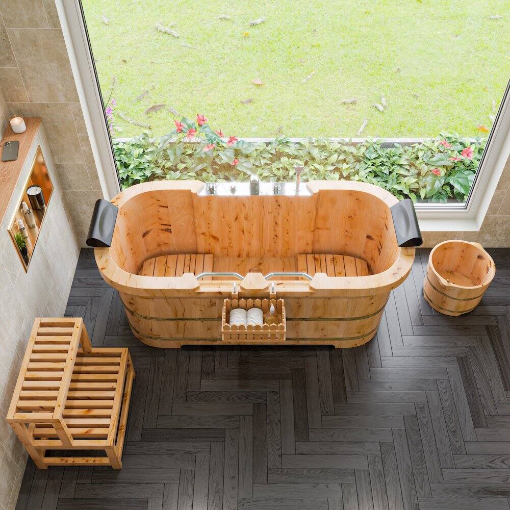 Alt View 1. Alfi - Round Wooden Cedar Foot Soaking Tub - Natural Wood.