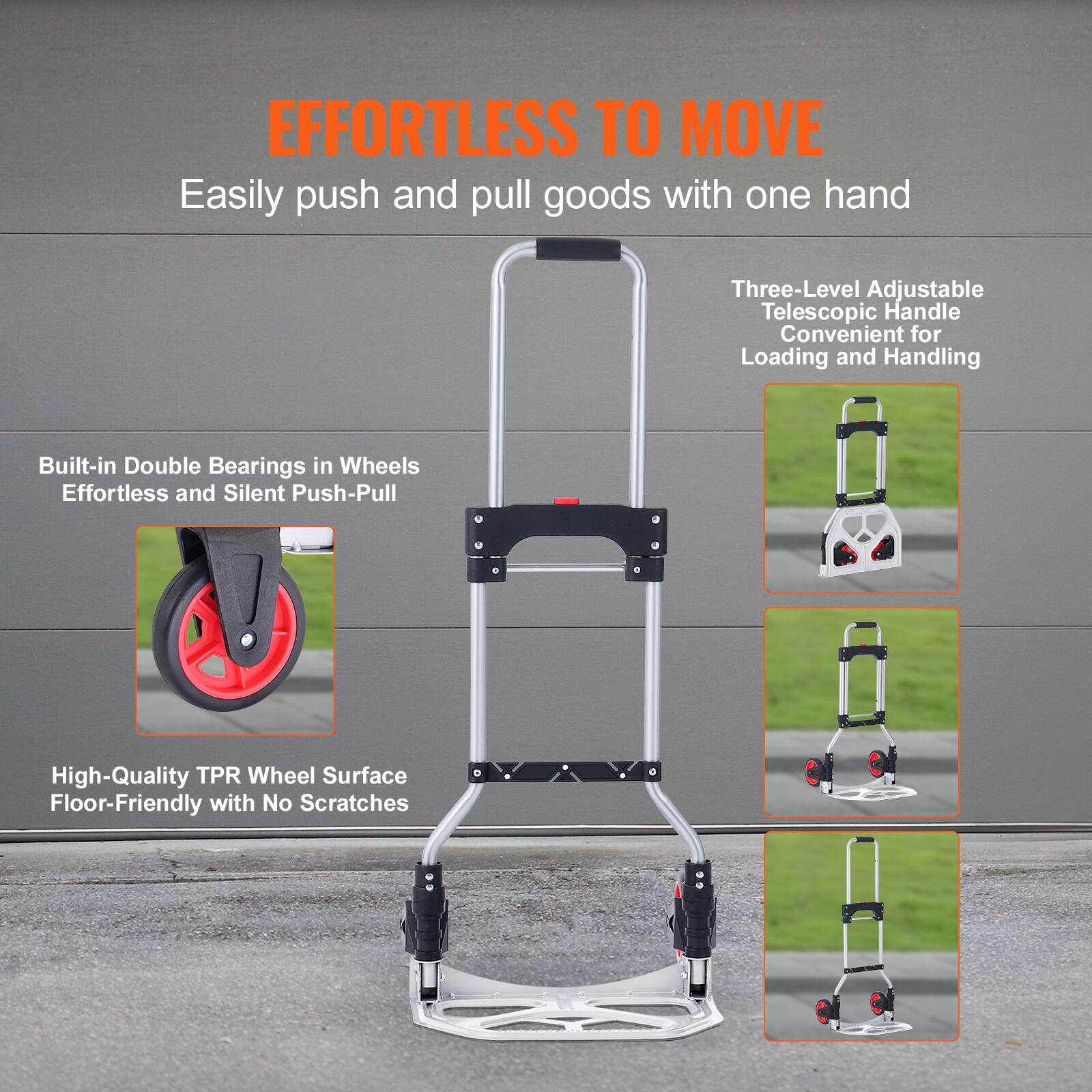 EFFORTLESS TO MOVE  
Easily push and pull goods with one hand  

- Built-in Double Bearings in Wheels  
Effortless and Silent Push-Pull  

- High-Quality TPR Wheel Surface  
Floor-Friendly with No Scratches  

- Three-Level Adjustable Telescopic Handle  
Convenient for Loading and Handling