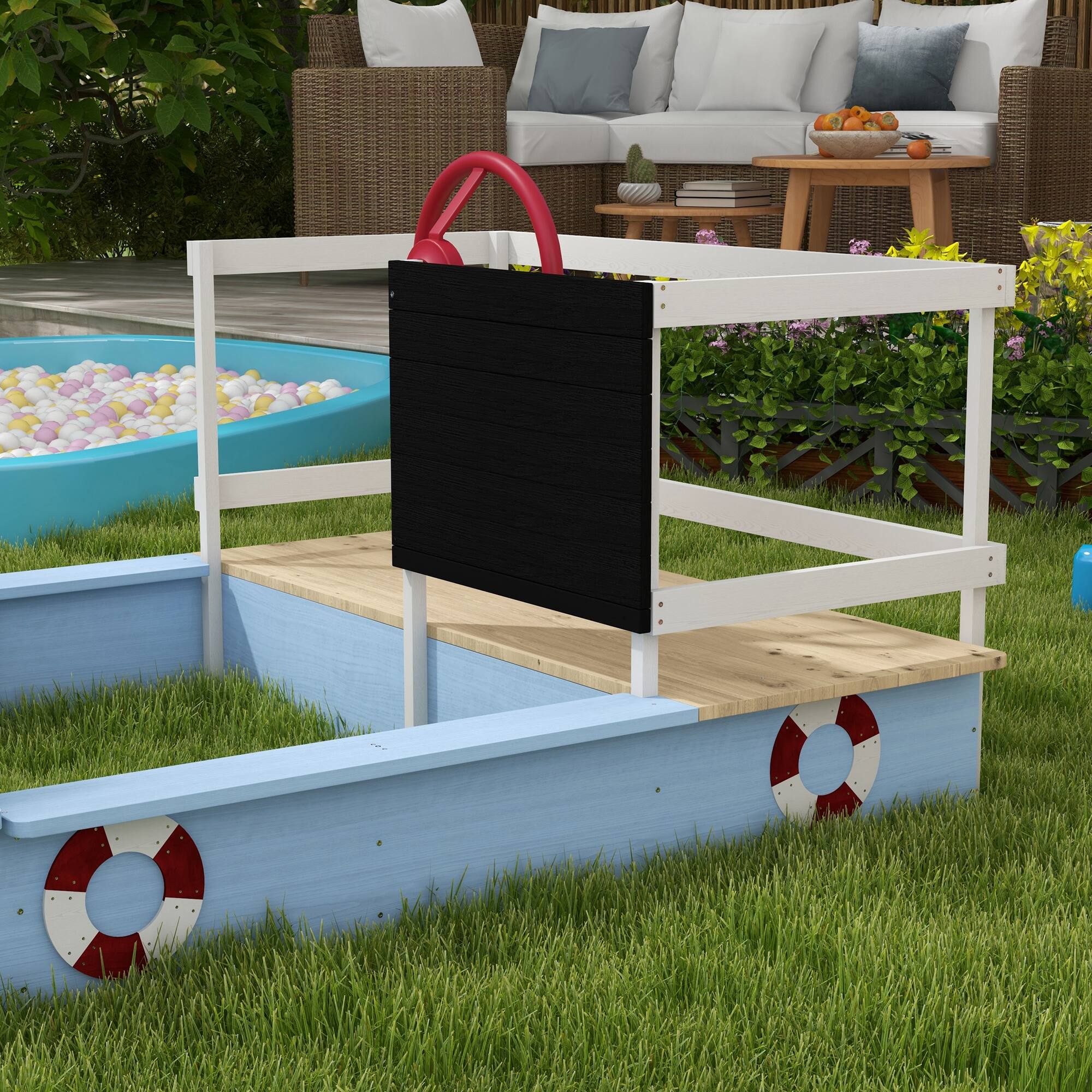 Alt View 4. Outsunny - Wooden Sandbox, Kids Pirate Ship Outdoor Sandbox with Blackboard, Flag, Rudder, Anchor Sign, Storage Deck, Sand Pit.