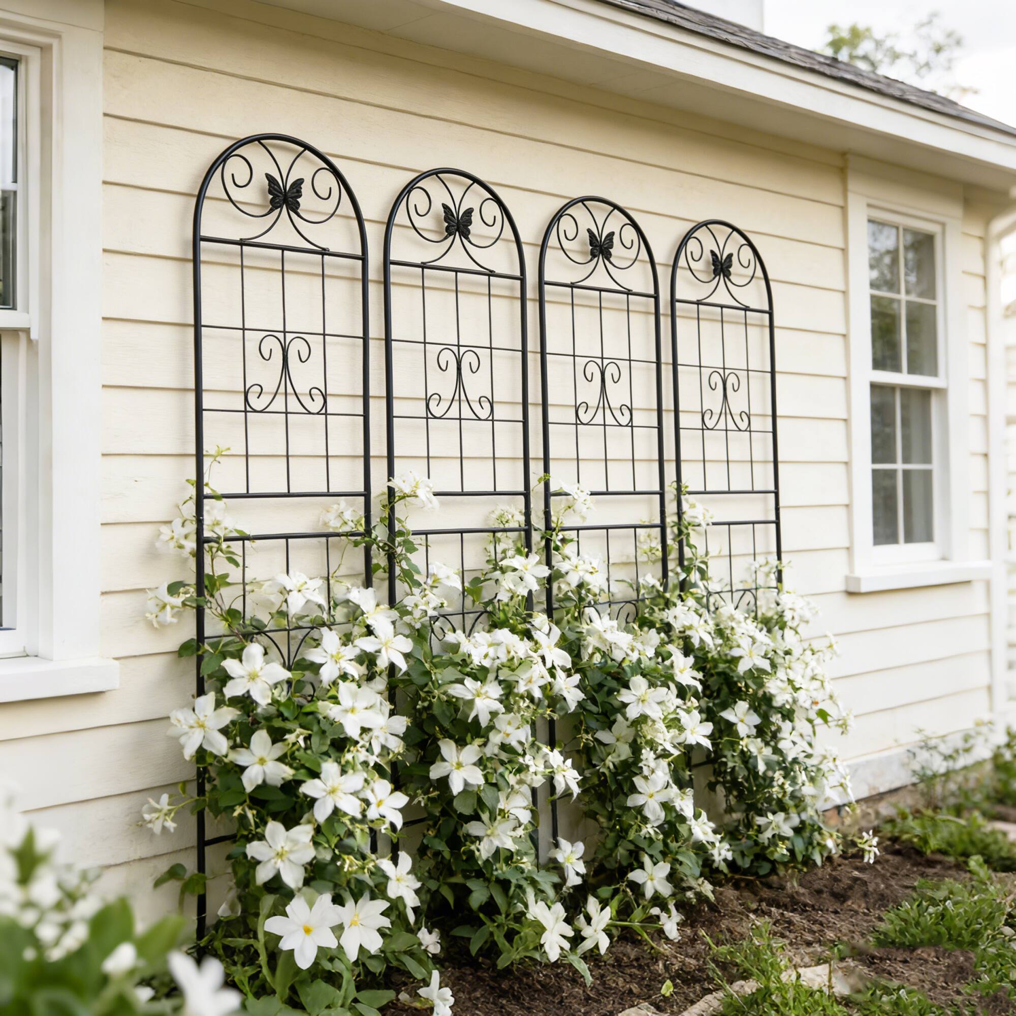 Back. Loheer - Rustproof Metal Garden Trellis 4 Pack, 7.23 ft x 1.64 ft Plant Support for Outdoor Climbing Plants.