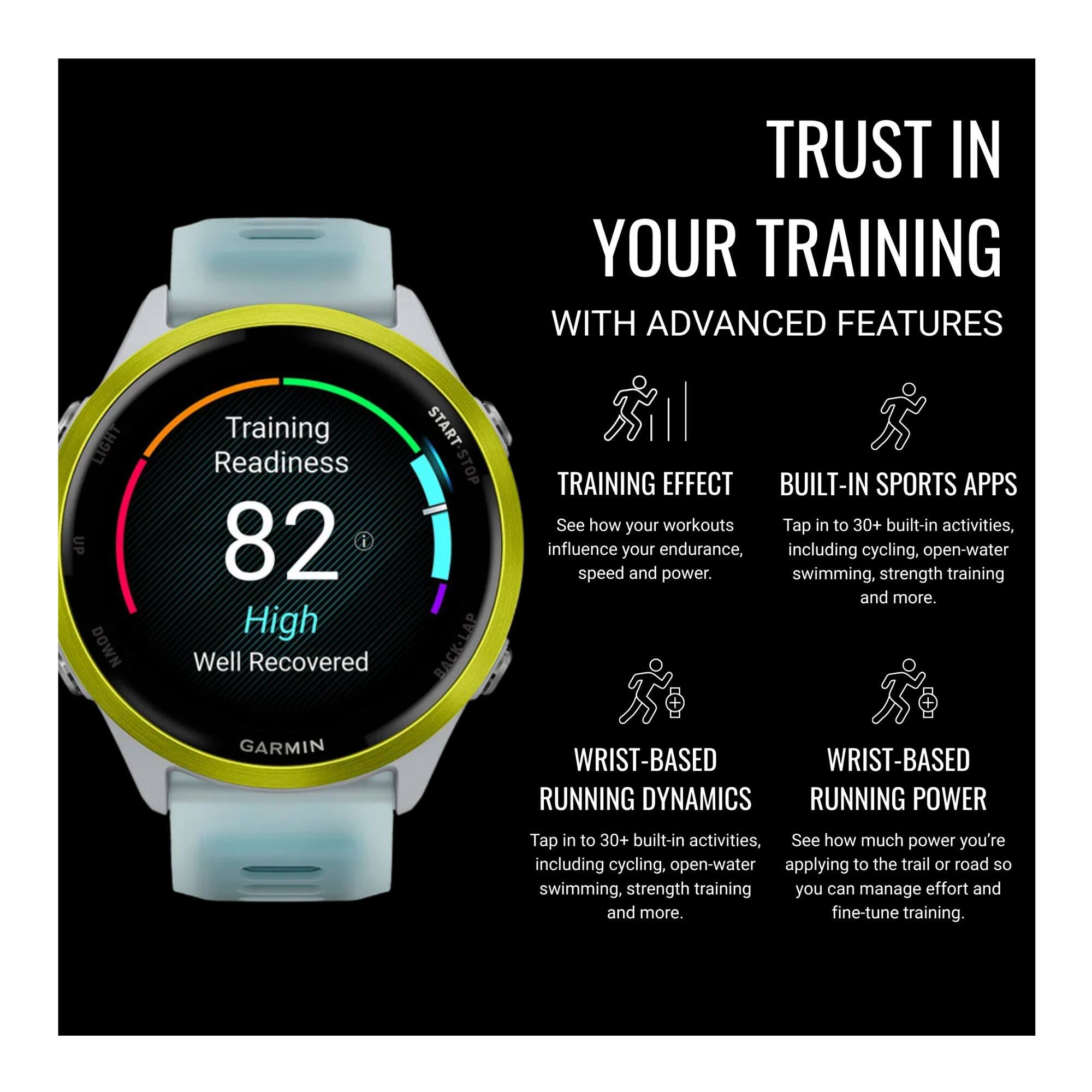 TRUST IN YOUR TRAINING WITH ADVANCED FEATURES. LIGHT UP DOWN. Training Readiness 82 High Well Recovered. START STOP BACK-LAP. TRAINING EFFECT. BUILT-IN SPORTS APPS. See how your workouts. Tap in to 30+ built-in activities, influence your endurance, including cycling, open-water speed and power, swimming, strength training and more. GARMIN WRIST-BASED RUNNING DYNAMICS. RUNNING POWER. Tap in to 30+ built-in activities, See how much power you're applying to the trail or road so you can manage effort and fine-tune training.